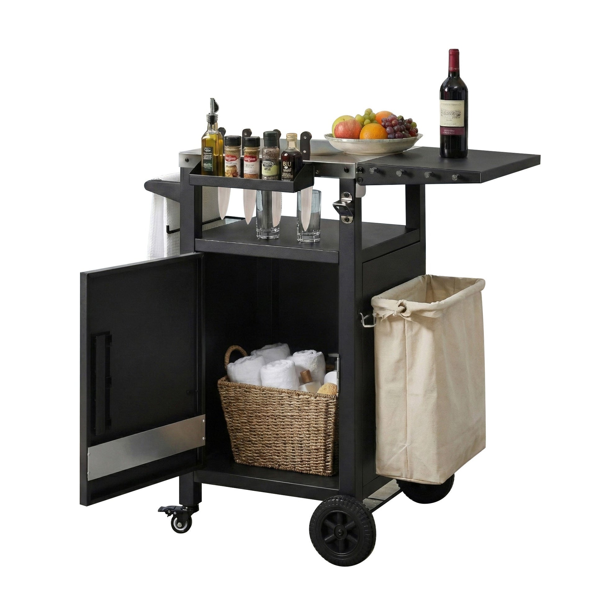K&K 33.9' Outdoor Grill Cart with Drop Leaf, Outdoor Metal Bar Cart Pizza Oven Table with Wheels, Stainless Steel Top, Outdoor Kitchen Island with Storage Cabinet & Spice & Paper Rack for BBQ, Waterpr - 1st Choice Furniture Direct