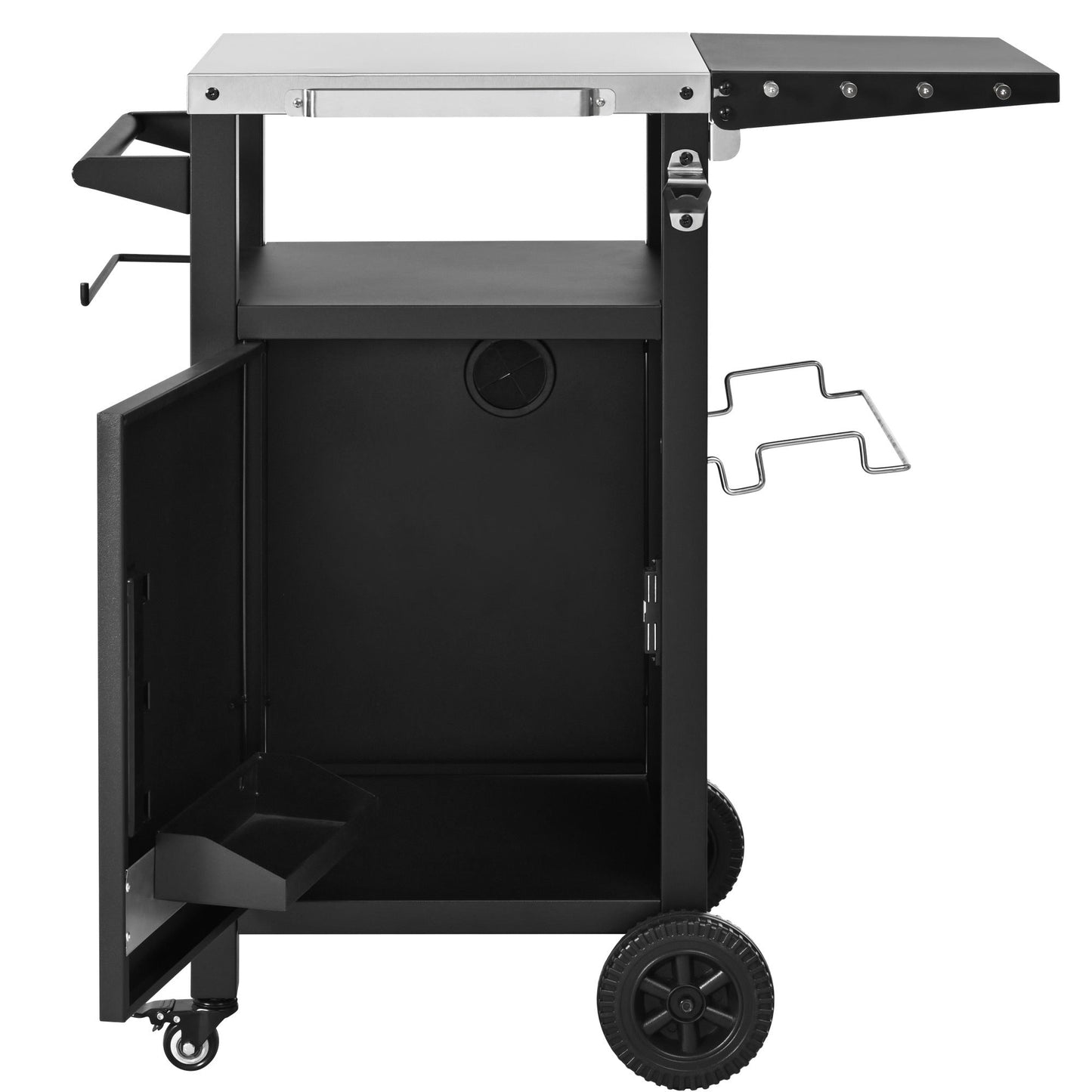 K&K 33.9' Outdoor Grill Cart with Drop Leaf, Outdoor Metal Bar Cart Pizza Oven Table with Wheels, Stainless Steel Top, Outdoor Kitchen Island with Storage Cabinet & Spice & Paper Rack for BBQ, Waterpr - 1st Choice Furniture Direct