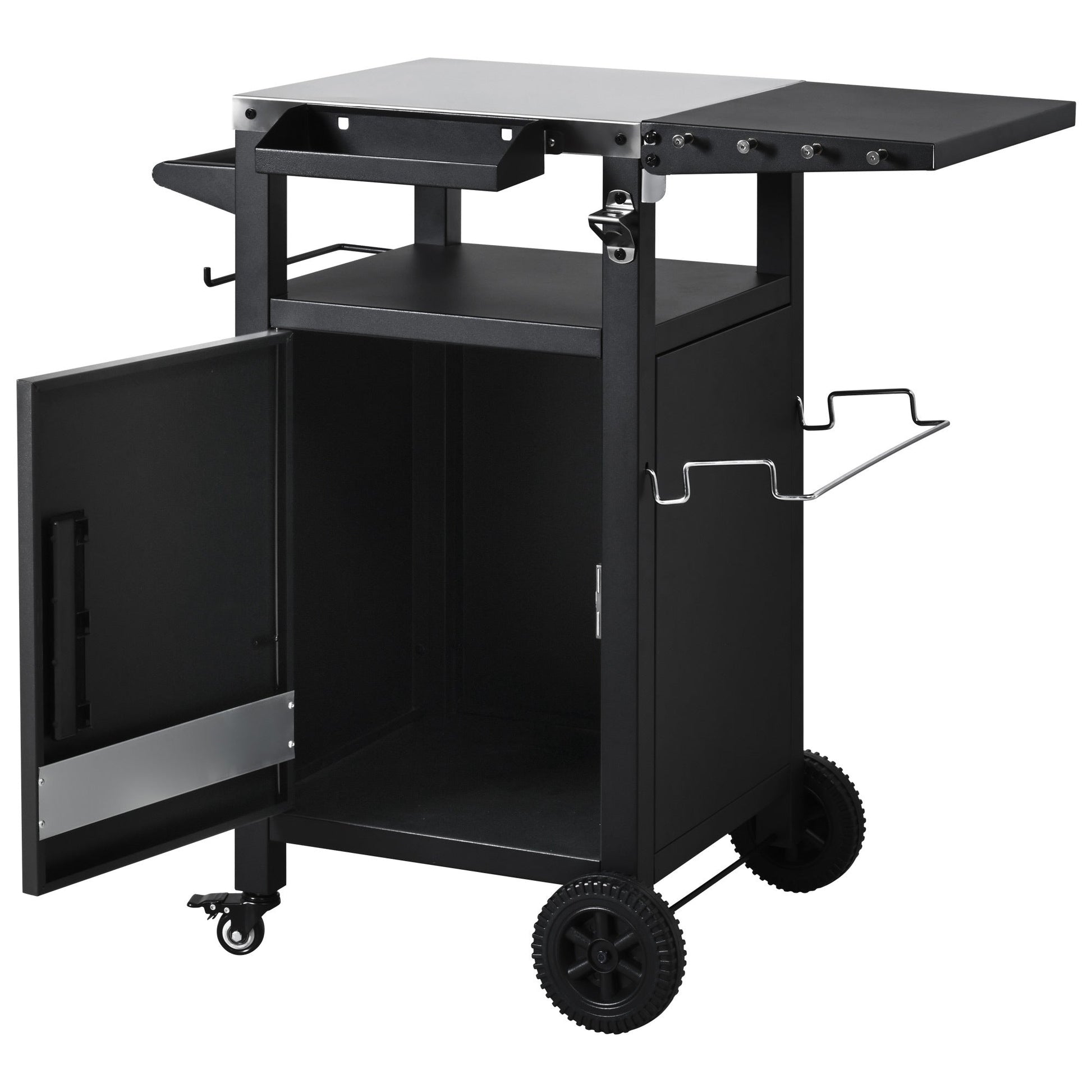 K&K 33.9' Outdoor Grill Cart with Drop Leaf, Outdoor Metal Bar Cart Pizza Oven Table with Wheels, Stainless Steel Top, Outdoor Kitchen Island with Storage Cabinet & Spice & Paper Rack for BBQ, Waterpr - 1st Choice Furniture Direct
