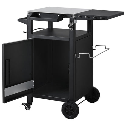 K&K 33.9' Outdoor Grill Cart with Drop Leaf, Outdoor Metal Bar Cart Pizza Oven Table with Wheels, Stainless Steel Top, Outdoor Kitchen Island with Storage Cabinet & Spice & Paper Rack for BBQ, Waterpr - 1st Choice Furniture Direct
