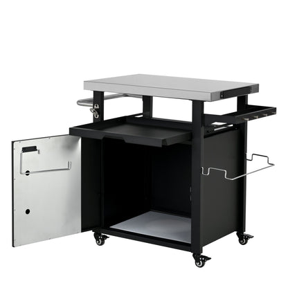 K&K 39.5' Outdoor Grill Cart with Storage Cabinet, Outdoor Bar Cart Pizza Oven Table with Wheels, Stainless Steel Top, Outdoor Kitchen Island with Spice & Paper Rack for BBQ, Waterproof Cover Included - 1st Choice Furniture Direct