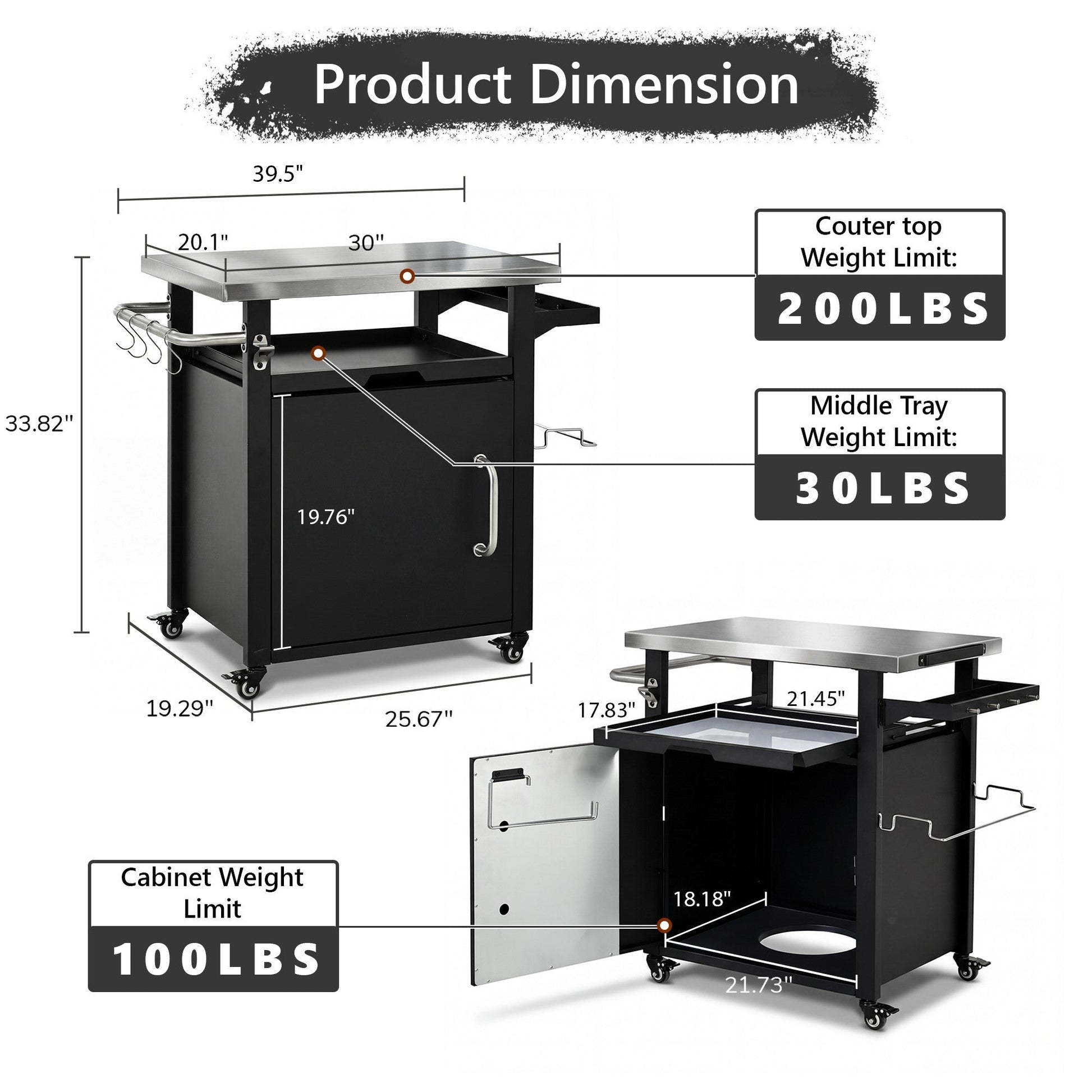 K&K 39.5' Outdoor Grill Cart with Storage Cabinet, Outdoor Bar Cart Pizza Oven Table with Wheels, Stainless Steel Top, Outdoor Kitchen Island with Spice & Paper Rack for BBQ, Waterproof Cover Included - 1st Choice Furniture Direct