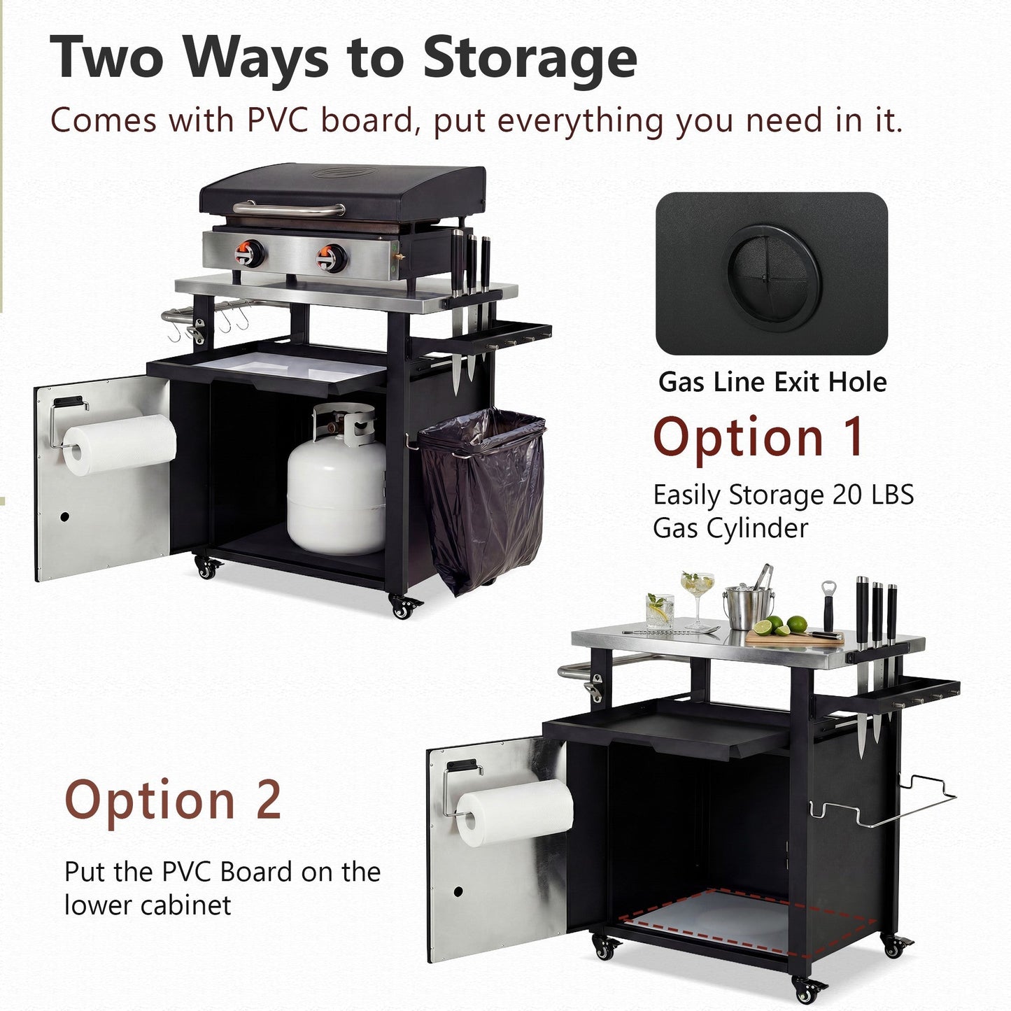 K&K 39.5' Outdoor Grill Cart with Storage Cabinet, Outdoor Bar Cart Pizza Oven Table with Wheels, Stainless Steel Top, Outdoor Kitchen Island with Spice & Paper Rack for BBQ, Waterproof Cover Included - 1st Choice Furniture Direct