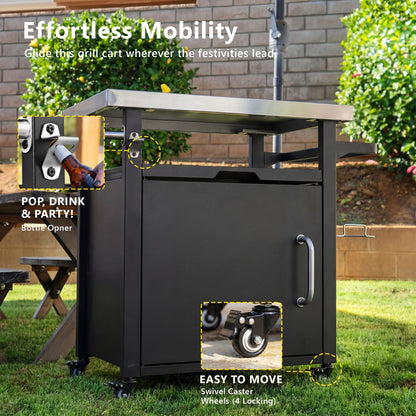 K&K 39.5' Outdoor Grill Cart with Storage Cabinet, Outdoor Bar Cart Pizza Oven Table with Wheels, Stainless Steel Top, Outdoor Kitchen Island with Spice & Paper Rack for BBQ, Waterproof Cover Included - 1st Choice Furniture Direct