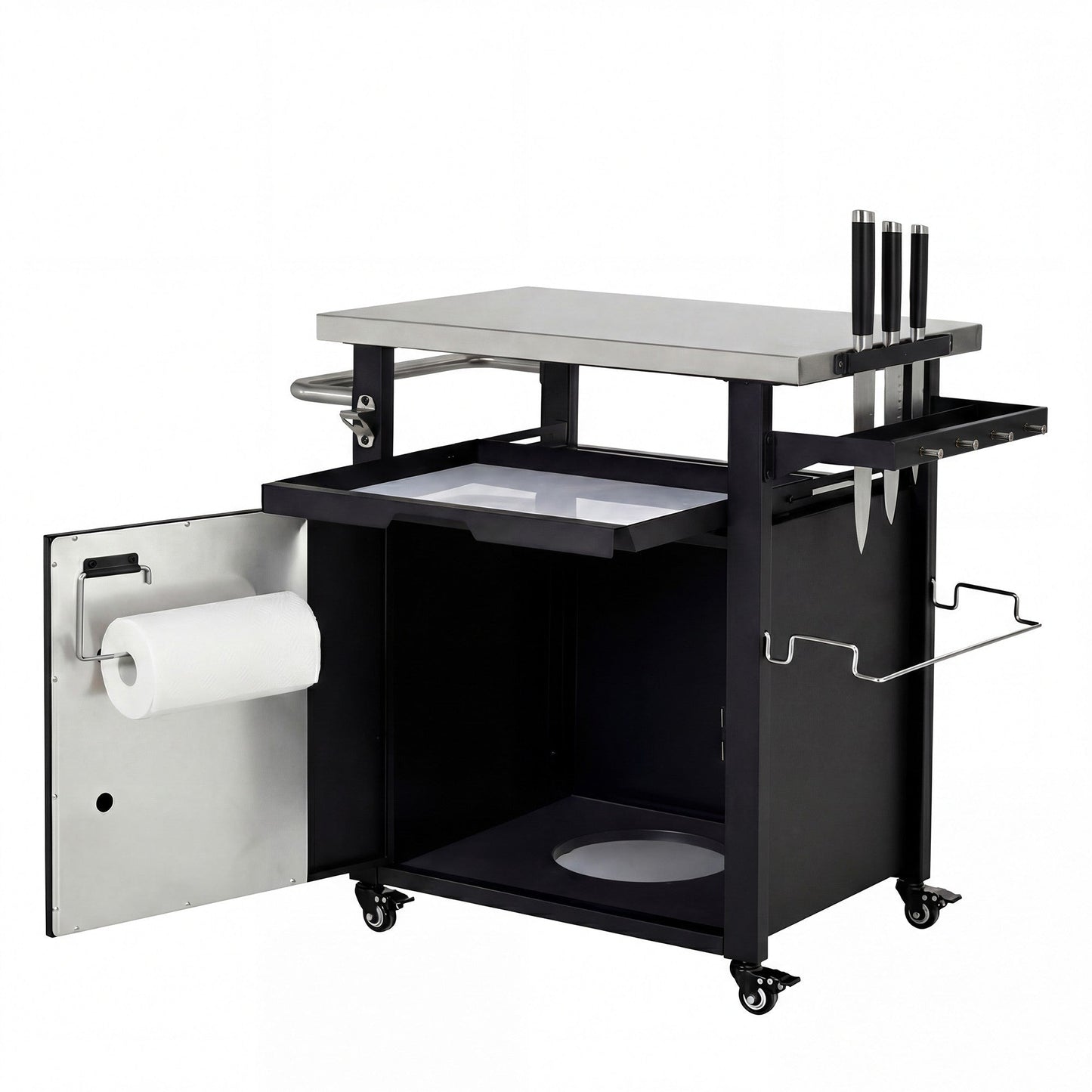 K&K 39.5' Outdoor Grill Cart with Storage Cabinet, Outdoor Bar Cart Pizza Oven Table with Wheels, Stainless Steel Top, Outdoor Kitchen Island with Spice & Paper Rack for BBQ, Waterproof Cover Included - 1st Choice Furniture Direct