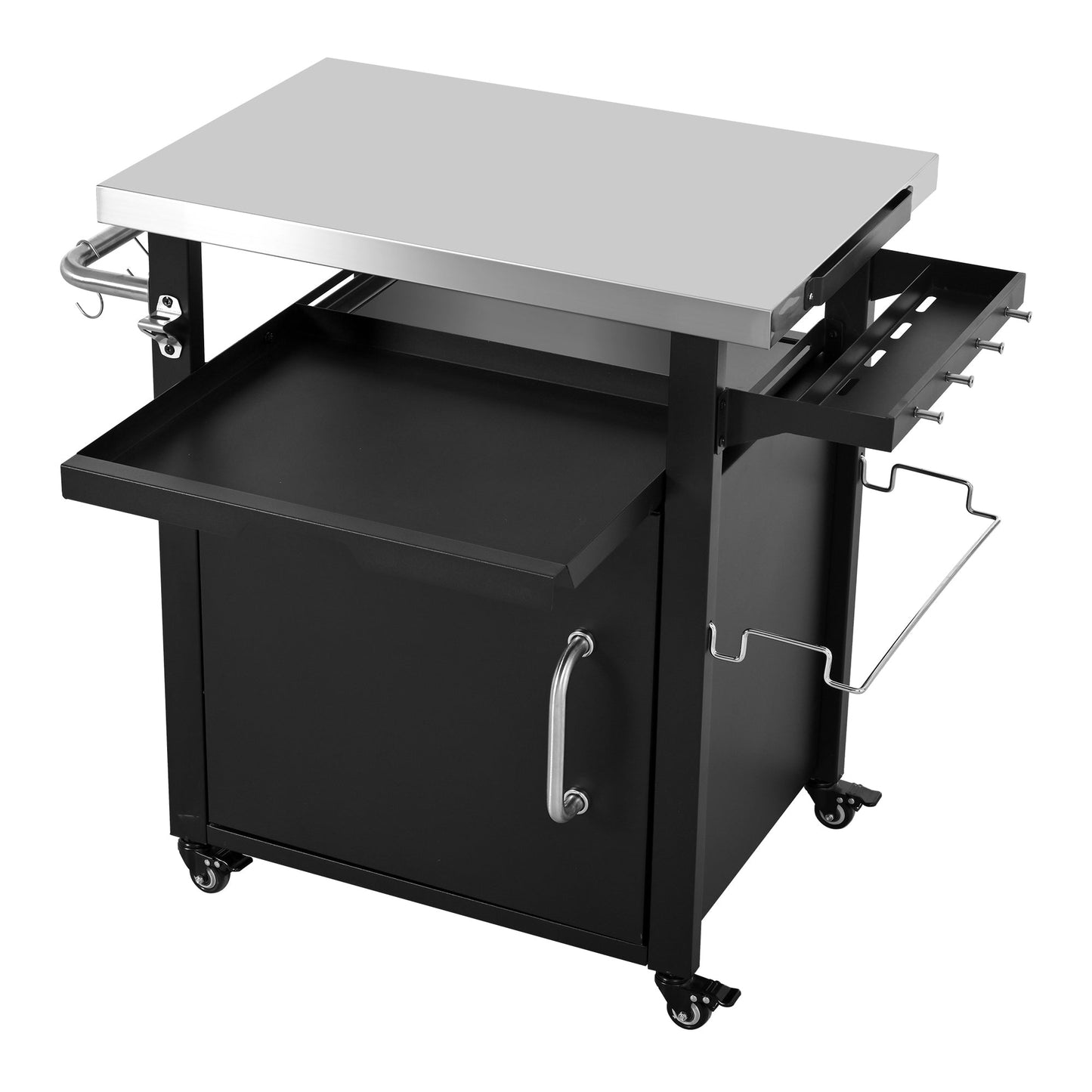 K&K 39.5' Outdoor Grill Cart with Storage Cabinet, Outdoor Bar Cart Pizza Oven Table with Wheels, Stainless Steel Top, Outdoor Kitchen Island with Spice & Paper Rack for BBQ, Waterproof Cover Included - 1st Choice Furniture Direct