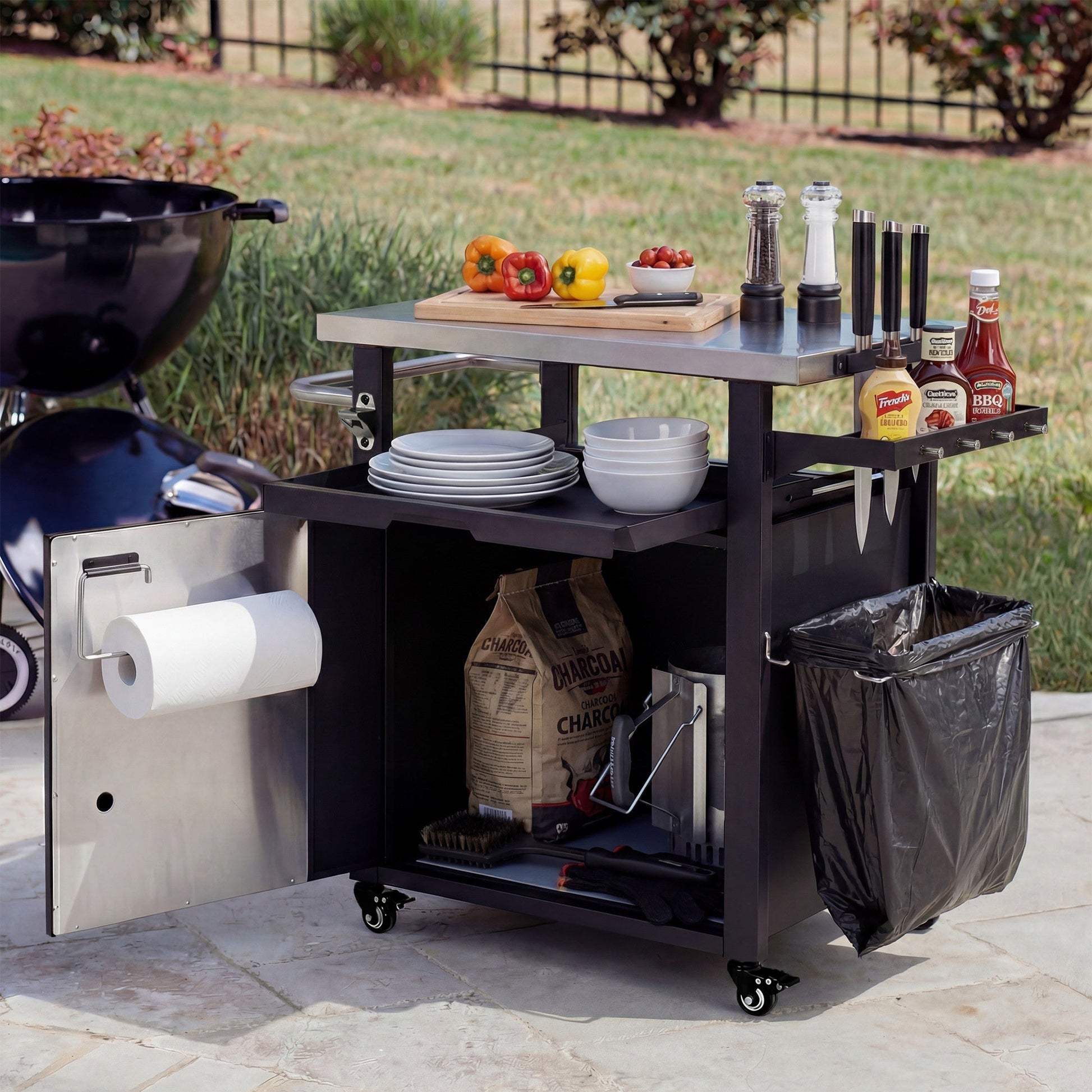 K&K 39.5' Outdoor Grill Cart with Storage Cabinet, Outdoor Bar Cart Pizza Oven Table with Wheels, Stainless Steel Top, Outdoor Kitchen Island with Spice & Paper Rack for BBQ, Waterproof Cover Included - 1st Choice Furniture Direct