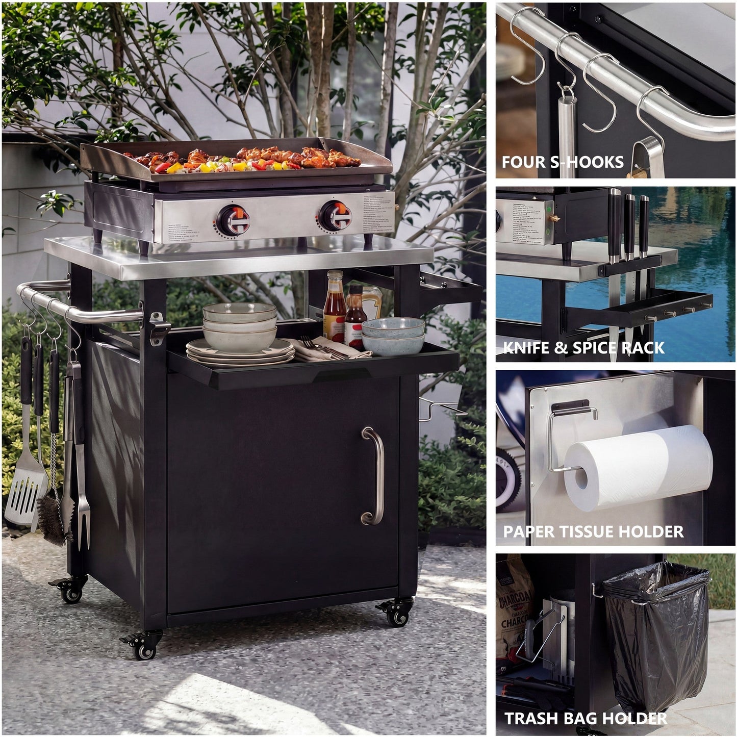 K&K 39.5' Outdoor Grill Cart with Storage Cabinet, Outdoor Bar Cart Pizza Oven Table with Wheels, Stainless Steel Top, Outdoor Kitchen Island with Spice & Paper Rack for BBQ, Waterproof Cover Included - 1st Choice Furniture Direct
