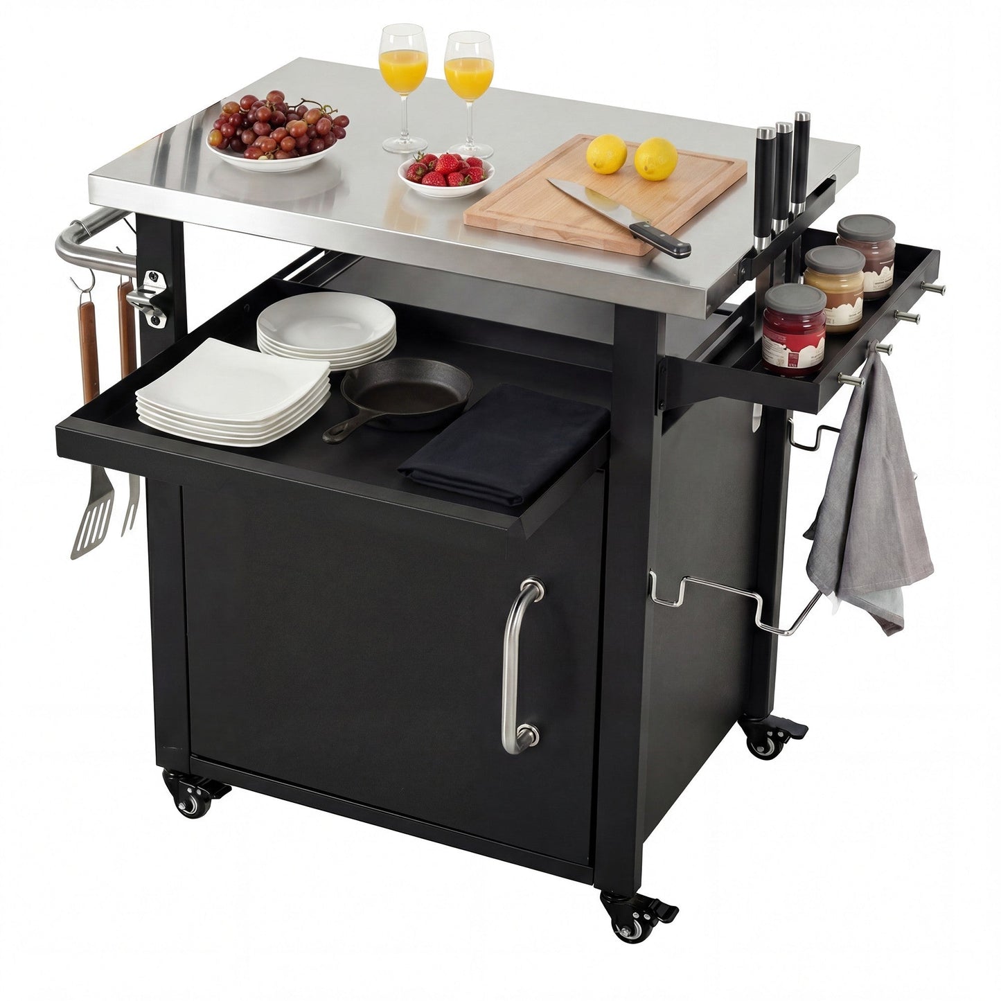 K&K 39.5' Outdoor Grill Cart with Storage Cabinet, Outdoor Bar Cart Pizza Oven Table with Wheels, Stainless Steel Top, Outdoor Kitchen Island with Spice & Paper Rack for BBQ, Waterproof Cover Included - 1st Choice Furniture Direct