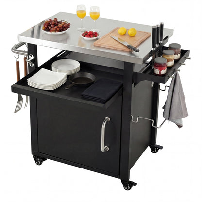 K&K 39.5' Outdoor Grill Cart with Storage Cabinet, Outdoor Bar Cart Pizza Oven Table with Wheels, Stainless Steel Top, Outdoor Kitchen Island with Spice & Paper Rack for BBQ, Waterproof Cover Included - 1st Choice Furniture Direct