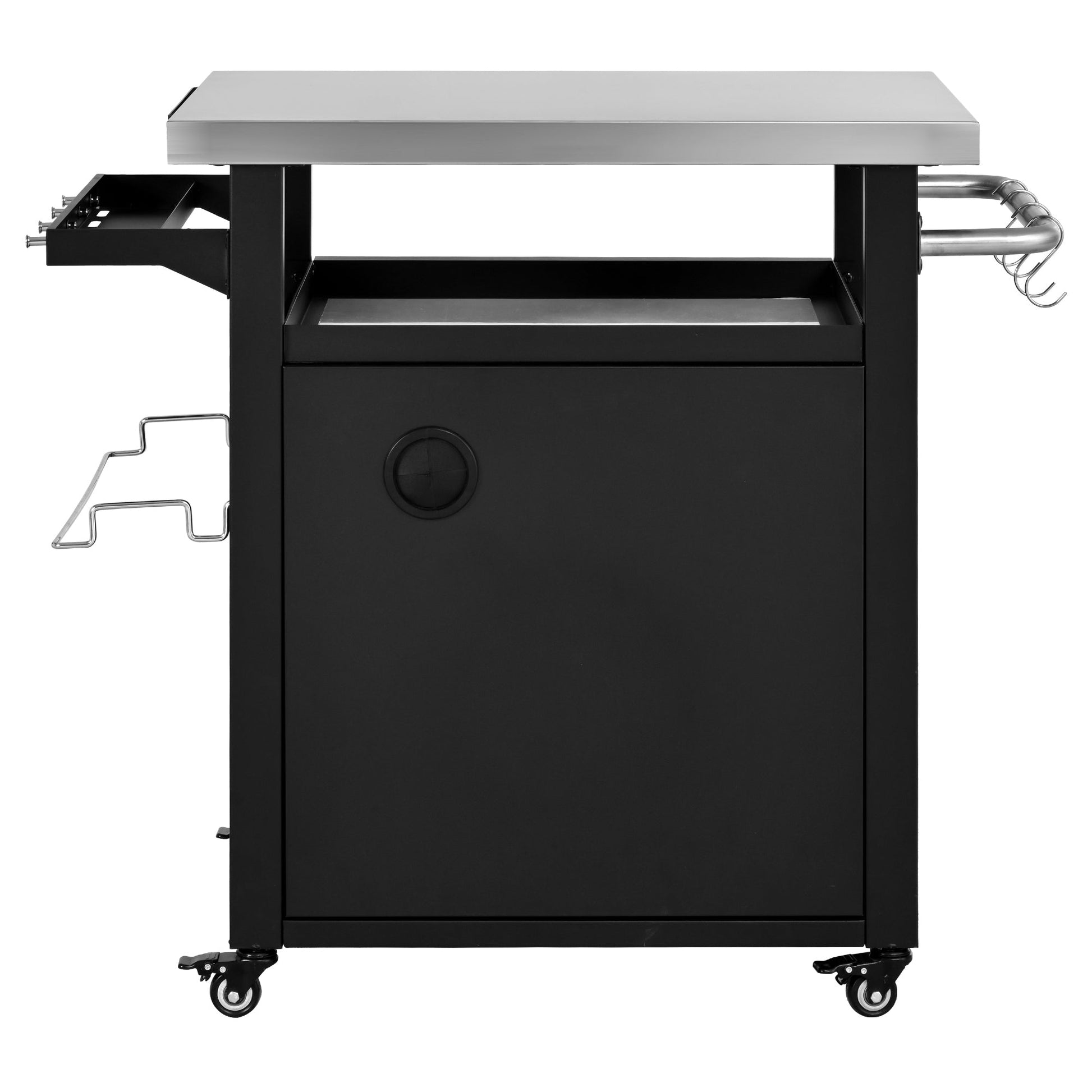 K&K 39.5' Outdoor Grill Cart with Storage Cabinet, Outdoor Bar Cart Pizza Oven Table with Wheels, Stainless Steel Top, Outdoor Kitchen Island with Spice & Paper Rack for BBQ, Waterproof Cover Included - 1st Choice Furniture Direct