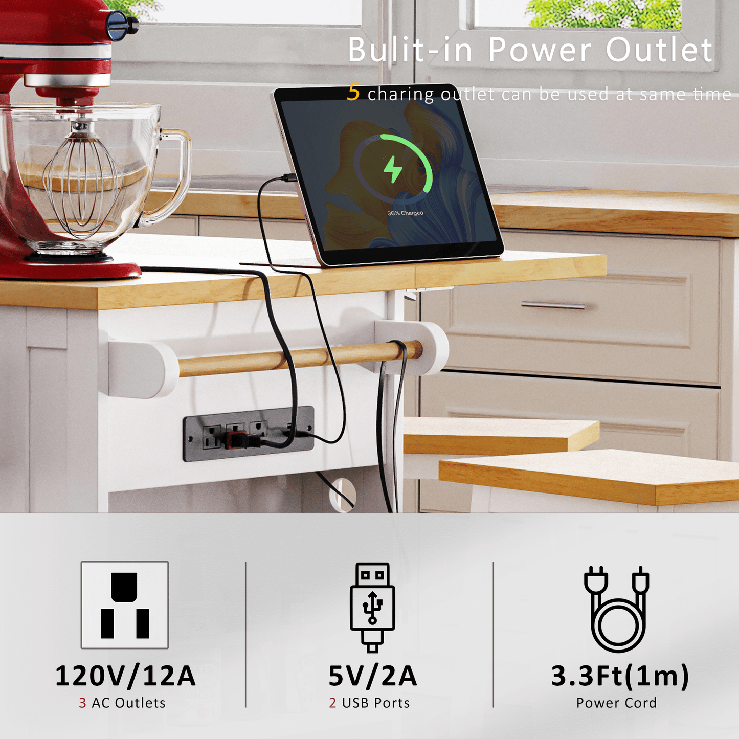 K&K 53inch Large Kitchen Island with 2 Bar Stools, Power Outlet,Door Internal Storage Rack, Kitchen Storage Cart on 5 Wheels with Drop Leaf, 5 Open Side Racks, 3 Drawers, for Kitchen,Dining Room,White - 1st Choice Furniture Direct