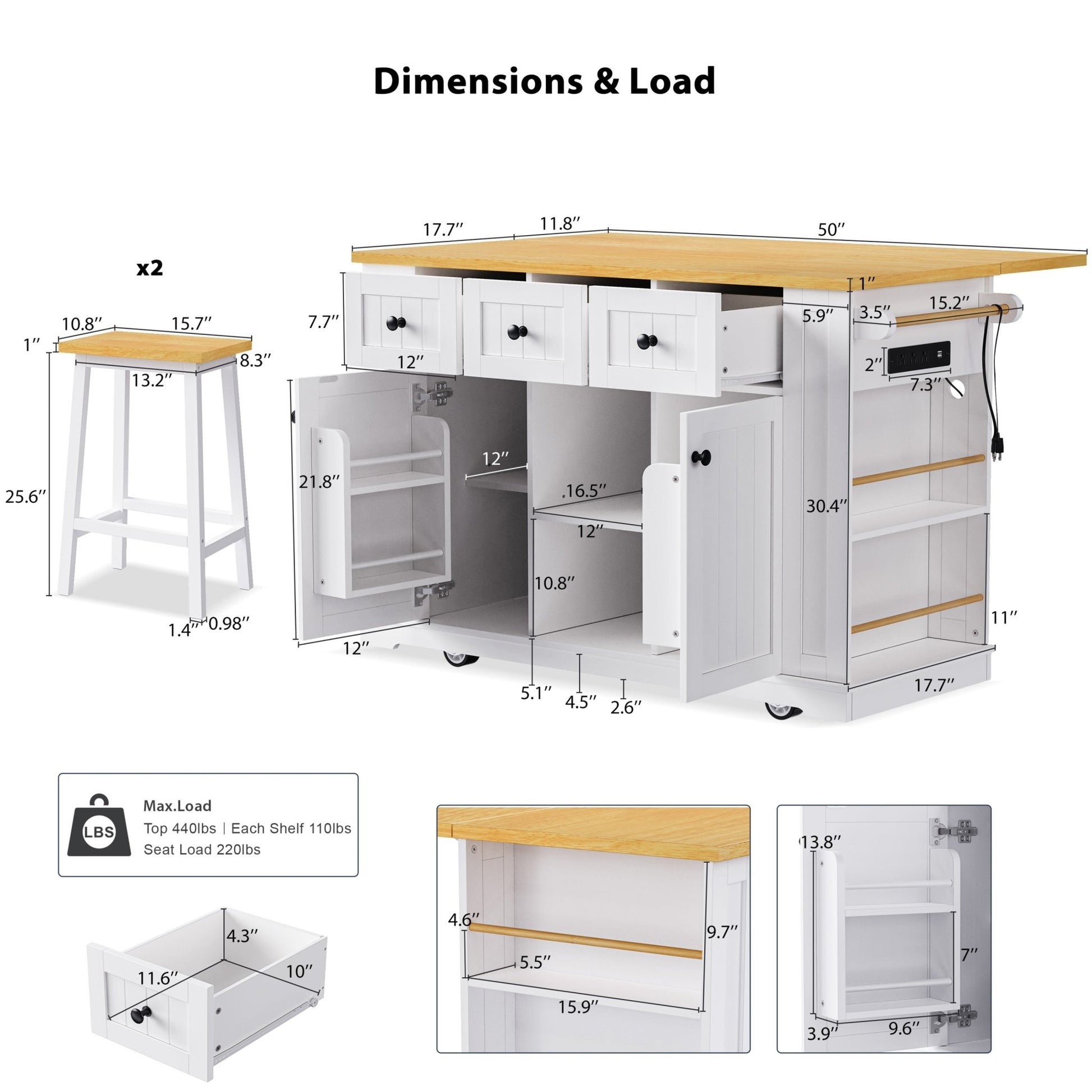 K&K 53inch Large Kitchen Island with 2 Bar Stools, Power Outlet,Door Internal Storage Rack, Kitchen Storage Cart on 5 Wheels with Drop Leaf, 5 Open Side Racks, 3 Drawers, for Kitchen,Dining Room,White - 1st Choice Furniture Direct
