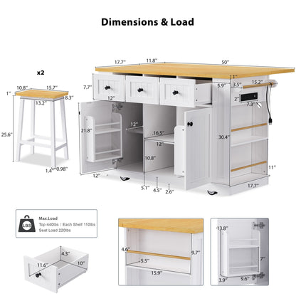 K&K 53inch Large Kitchen Island with 2 Bar Stools, Power Outlet,Door Internal Storage Rack, Kitchen Storage Cart on 5 Wheels with Drop Leaf, 5 Open Side Racks, 3 Drawers, for Kitchen,Dining Room,White - 1st Choice Furniture Direct