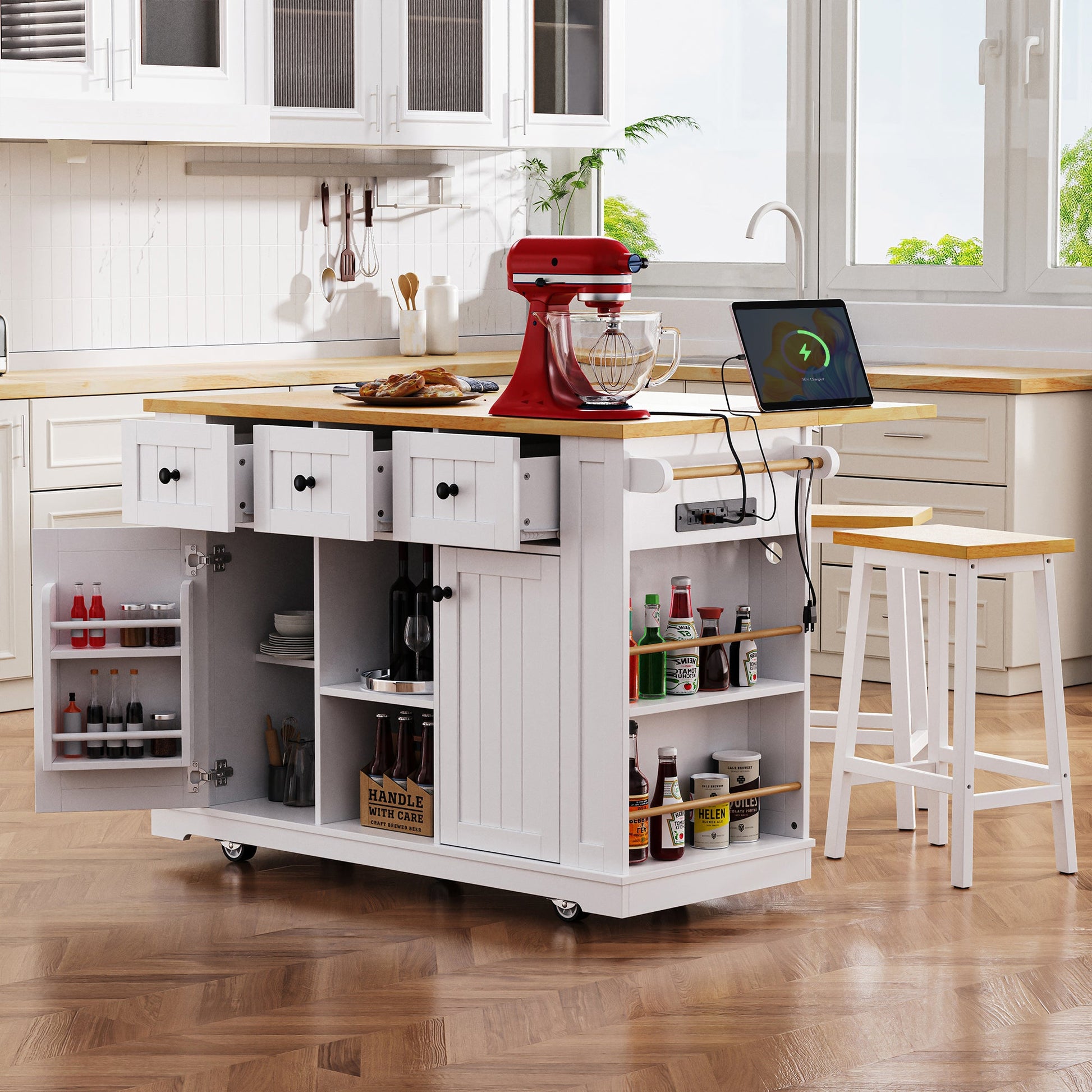K&K 53inch Large Kitchen Island with 2 Bar Stools, Power Outlet,Door Internal Storage Rack, Kitchen Storage Cart on 5 Wheels with Drop Leaf, 5 Open Side Racks, 3 Drawers, for Kitchen,Dining Room,White - 1st Choice Furniture Direct