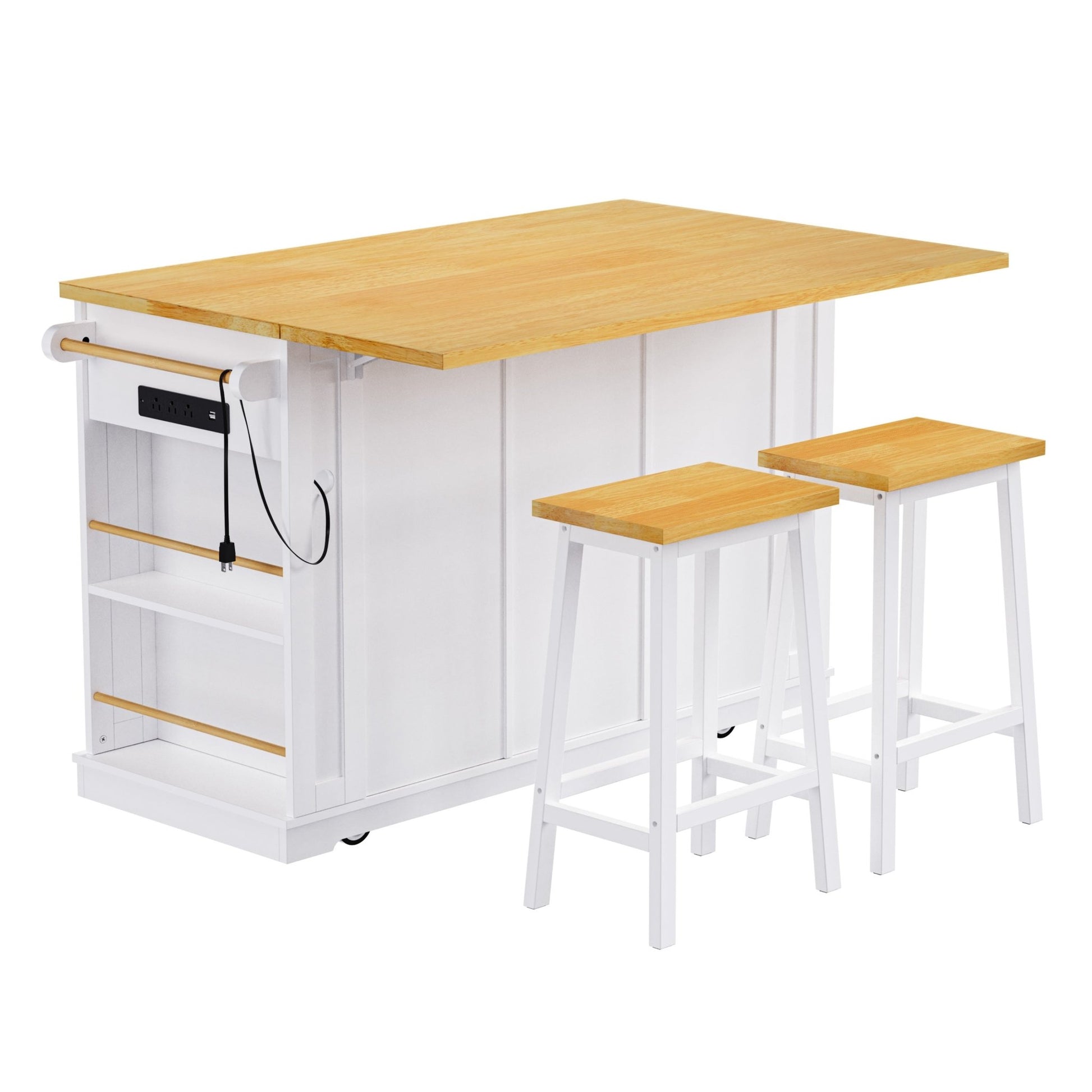 K&K 53inch Large Kitchen Island with 2 Bar Stools, Power Outlet,Door Internal Storage Rack, Kitchen Storage Cart on 5 Wheels with Drop Leaf, 5 Open Side Racks, 3 Drawers, for Kitchen,Dining Room,White - 1st Choice Furniture Direct