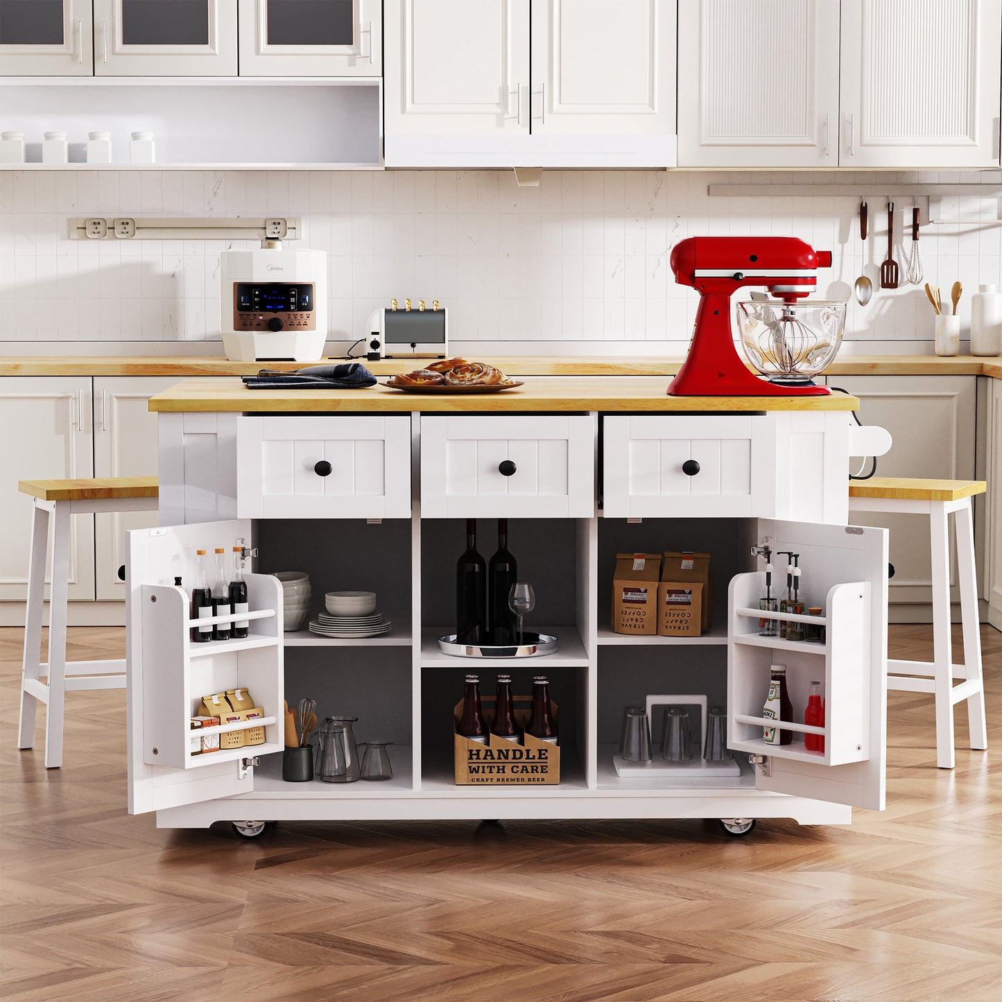 K&K 53inch Large Kitchen Island with 2 Bar Stools, Power Outlet,Door Internal Storage Rack, Kitchen Storage Cart on 5 Wheels with Drop Leaf, 5 Open Side Racks, 3 Drawers, for Kitchen,Dining Room,White - 1st Choice Furniture Direct