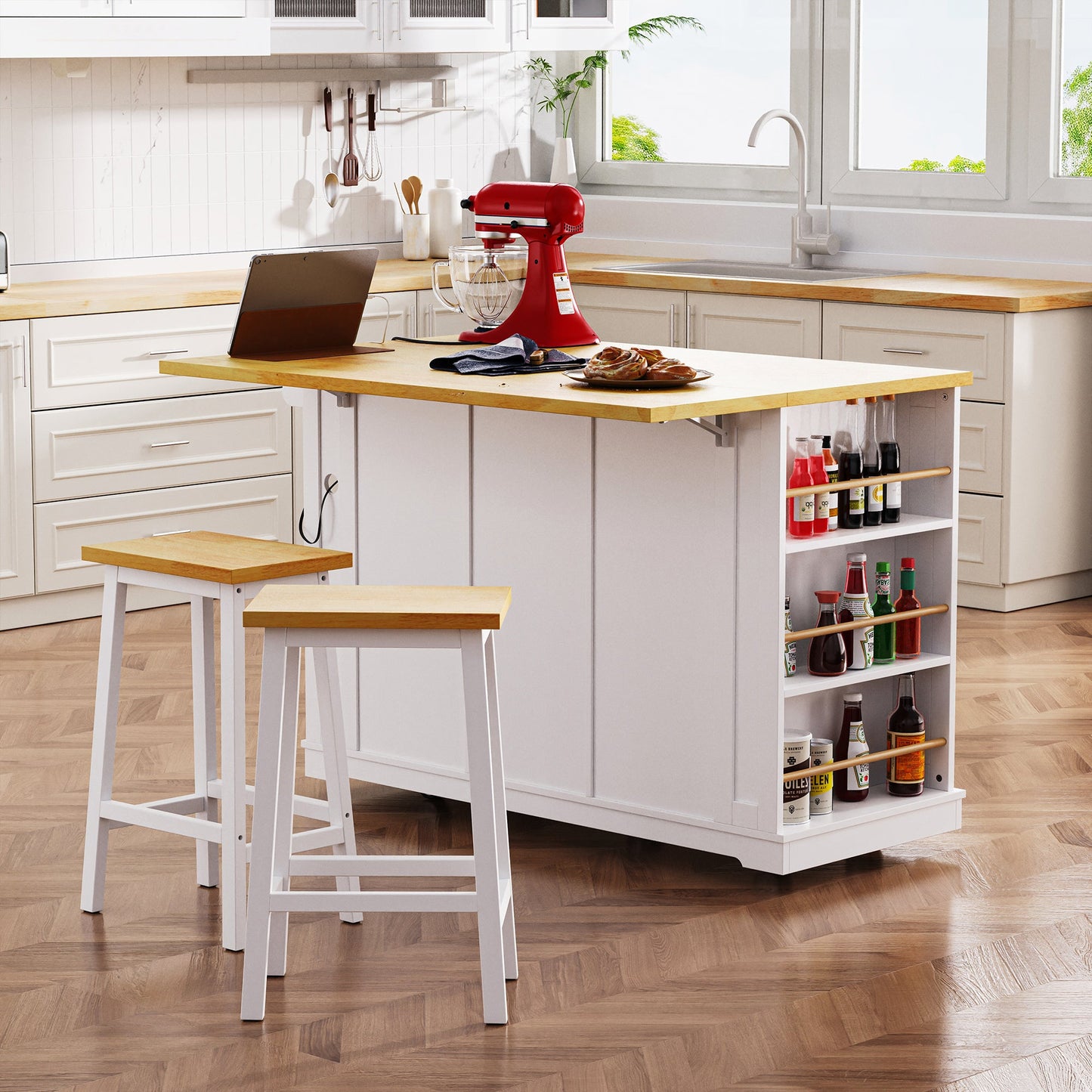 K&K 53inch Large Kitchen Island with 2 Bar Stools, Power Outlet,Door Internal Storage Rack, Kitchen Storage Cart on 5 Wheels with Drop Leaf, 5 Open Side Racks, 3 Drawers, for Kitchen,Dining Room,White - 1st Choice Furniture Direct