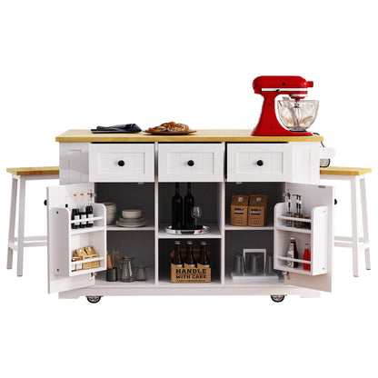 K&K 53inch Large Kitchen Island with 2 Bar Stools, Power Outlet,Door Internal Storage Rack, Kitchen Storage Cart on 5 Wheels with Drop Leaf, 5 Open Side Racks, 3 Drawers, for Kitchen,Dining Room,White - 1st Choice Furniture Direct