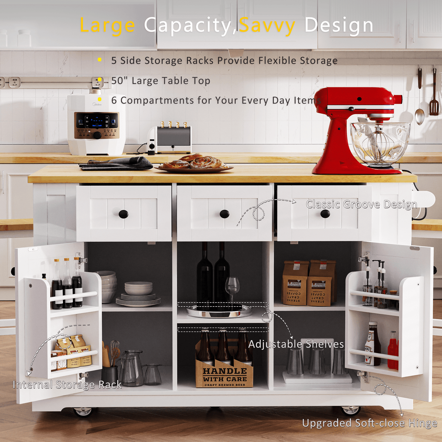 K&K 53inch Large Kitchen Island with 2 Bar Stools, Power Outlet,Door Internal Storage Rack, Kitchen Storage Cart on 5 Wheels with Drop Leaf, 5 Open Side Racks, 3 Drawers, for Kitchen,Dining Room,White - 1st Choice Furniture Direct