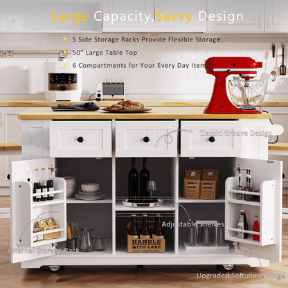 K&K 53inch Large Kitchen Island with 2 Bar Stools, Power Outlet,Door Internal Storage Rack, Kitchen Storage Cart on 5 Wheels with Drop Leaf, 5 Open Side Racks, 3 Drawers, for Kitchen,Dining Room,White - 1st Choice Furniture Direct