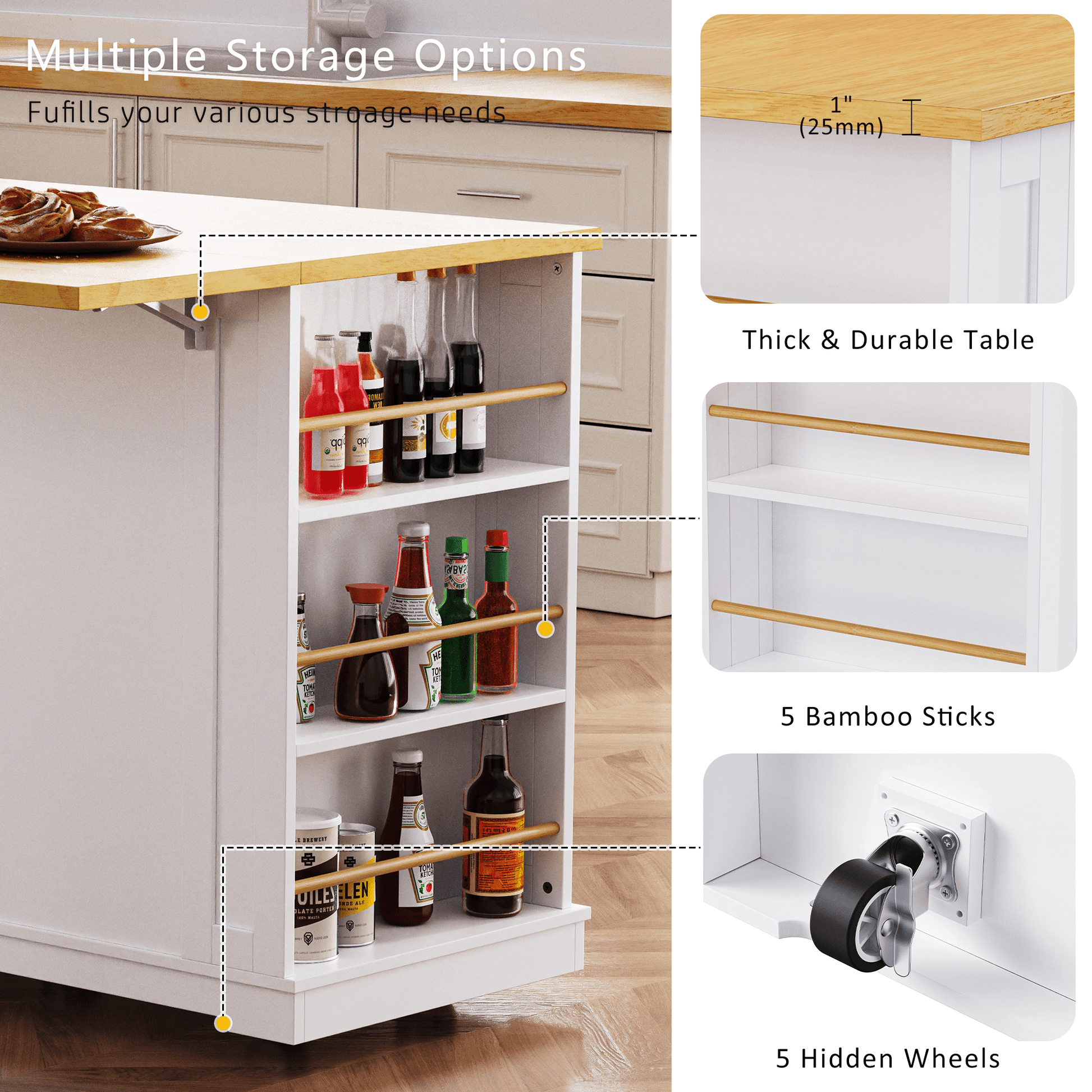 K&K 53inch Large Kitchen Island with 2 Bar Stools, Power Outlet,Door Internal Storage Rack, Kitchen Storage Cart on 5 Wheels with Drop Leaf, 5 Open Side Racks, 3 Drawers, for Kitchen,Dining Room,White - 1st Choice Furniture Direct