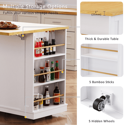 K&K 53inch Large Kitchen Island with 2 Bar Stools, Power Outlet,Door Internal Storage Rack, Kitchen Storage Cart on 5 Wheels with Drop Leaf, 5 Open Side Racks, 3 Drawers, for Kitchen,Dining Room,White - 1st Choice Furniture Direct