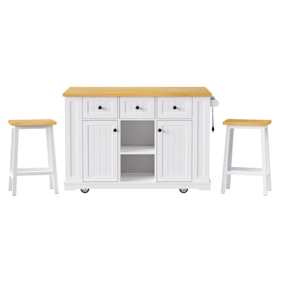 K&K 53inch Large Kitchen Island with 2 Bar Stools, Power Outlet,Door Internal Storage Rack, Kitchen Storage Cart on 5 Wheels with Drop Leaf, 5 Open Side Racks, 3 Drawers, for Kitchen,Dining Room,White - 1st Choice Furniture Direct