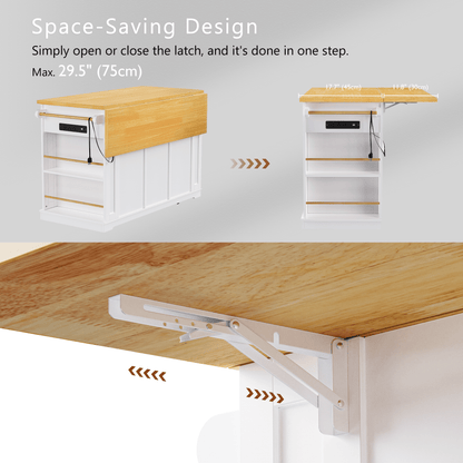 K&K 53inch Large Kitchen Island with 2 Bar Stools, Power Outlet,Door Internal Storage Rack, Kitchen Storage Cart on 5 Wheels with Drop Leaf, 5 Open Side Racks, 3 Drawers, for Kitchen,Dining Room,White - 1st Choice Furniture Direct