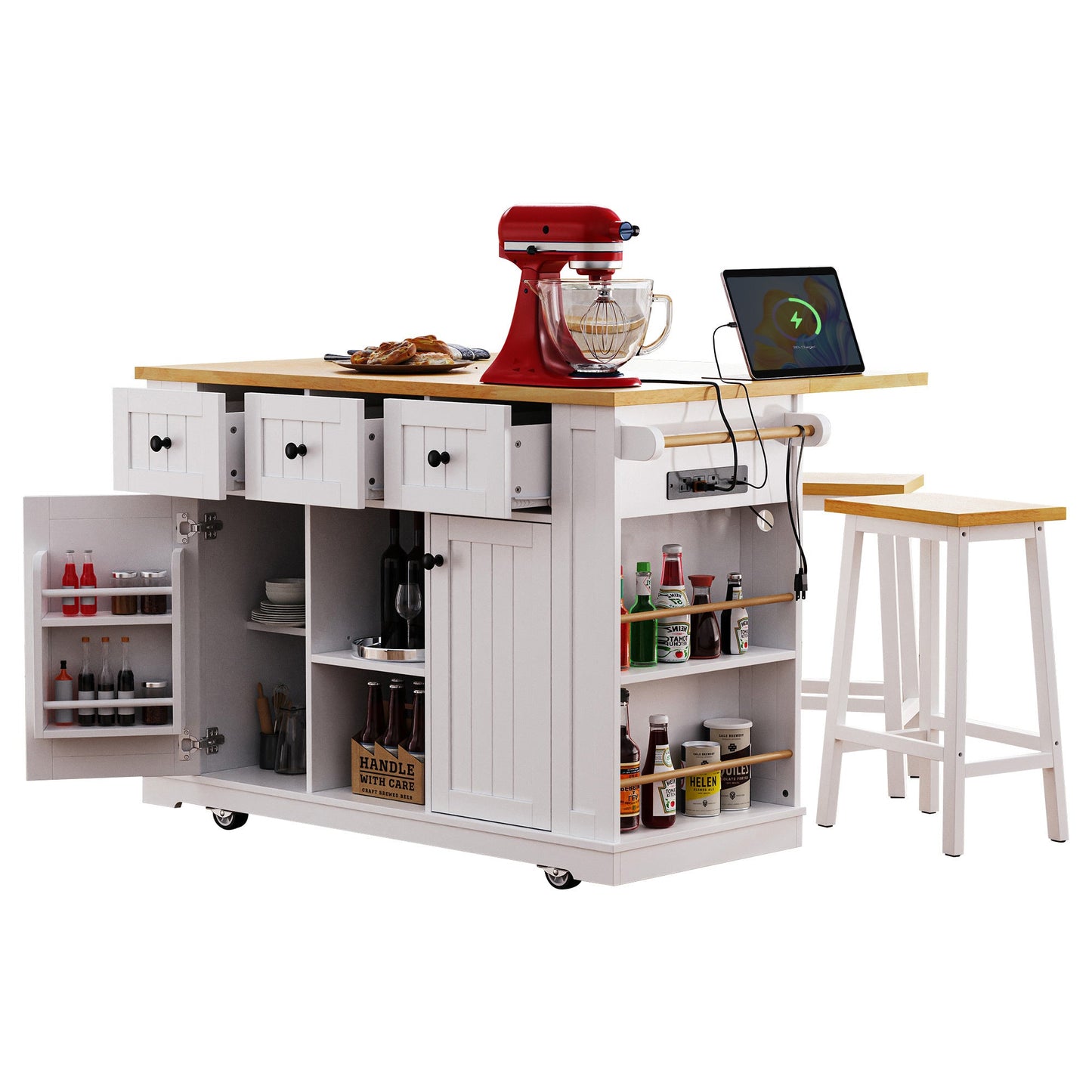 K&K 53inch Large Kitchen Island with 2 Bar Stools, Power Outlet,Door Internal Storage Rack, Kitchen Storage Cart on 5 Wheels with Drop Leaf, 5 Open Side Racks, 3 Drawers, for Kitchen,Dining Room,White - 1st Choice Furniture Direct