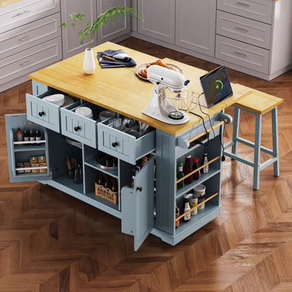 K&K 53inch Large Kitchen Island with 2 Bar Stools,Power Outlet,Door Internal Storage Rack,Kitchen Storage Cart on 5 Wheels with Drop Leaf,5 Open Side Racks,3 Drawers,Grey Blue (Three Packages) - 1st Choice Furniture Direct