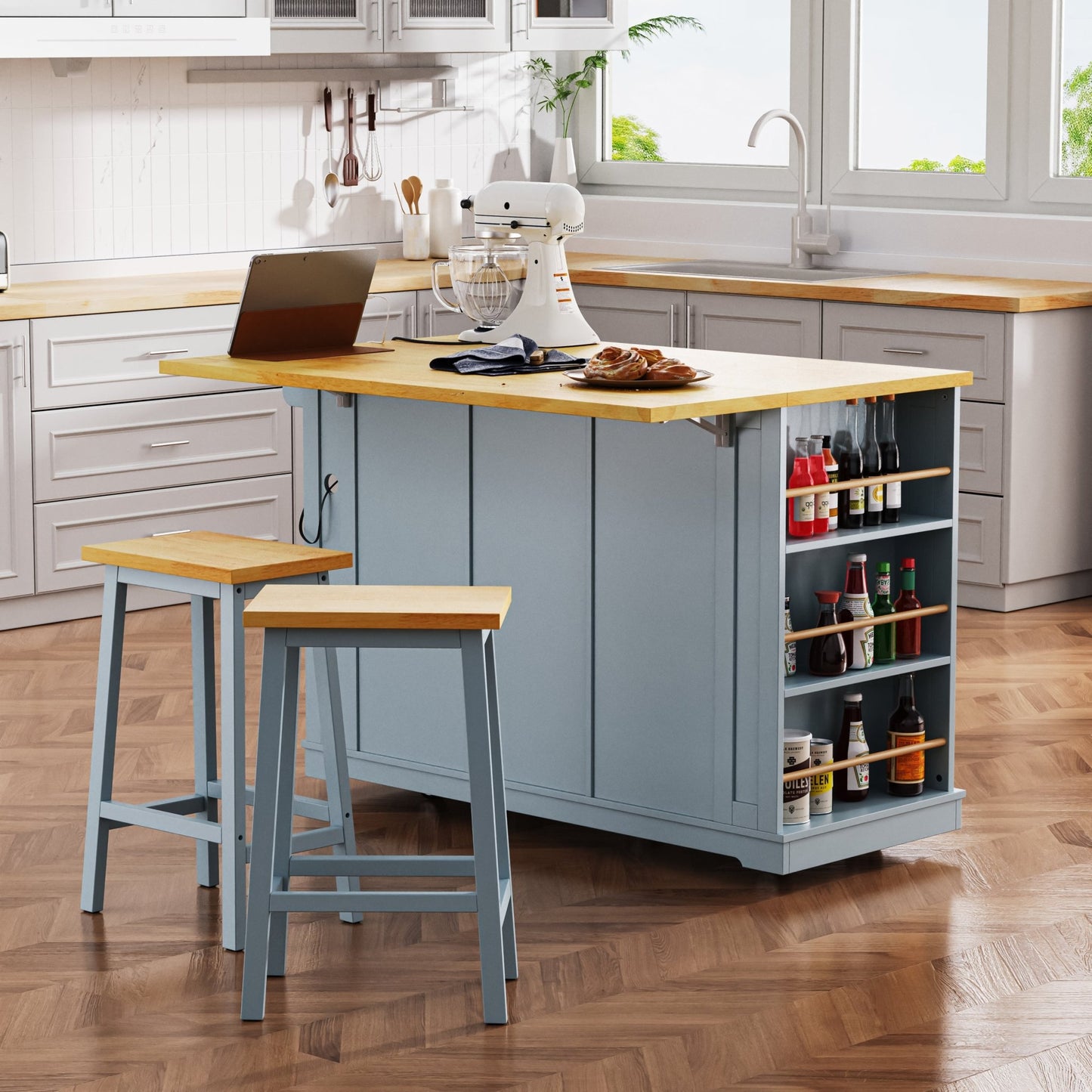 K&K 53inch Large Kitchen Island with 2 Bar Stools,Power Outlet,Door Internal Storage Rack,Kitchen Storage Cart on 5 Wheels with Drop Leaf,5 Open Side Racks,3 Drawers,Grey Blue (Three Packages) - 1st Choice Furniture Direct