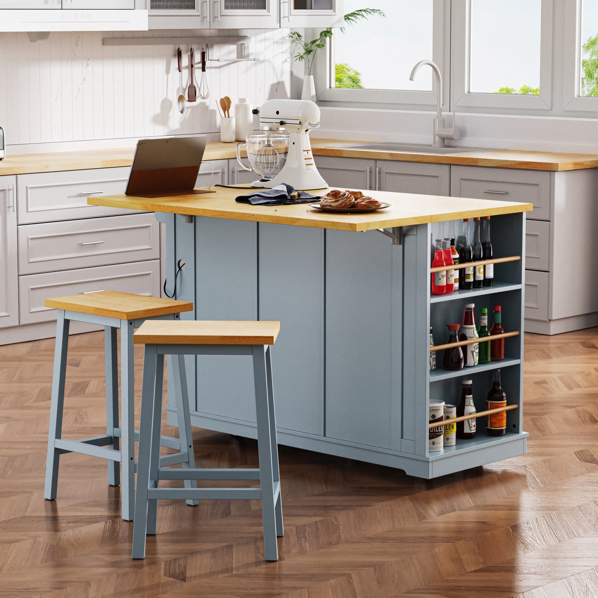 K&K 53inch Large Kitchen Island with 2 Bar Stools,Power Outlet,Door Internal Storage Rack,Kitchen Storage Cart on 5 Wheels with Drop Leaf,5 Open Side Racks,3 Drawers,Grey Blue (Three Packages) - 1st Choice Furniture Direct