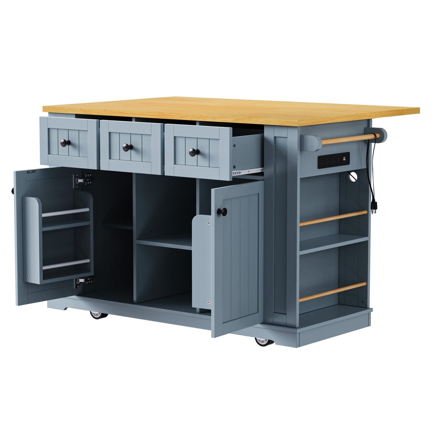 K&K 53inch Large Kitchen Island with 2 Bar Stools,Power Outlet,Door Internal Storage Rack,Kitchen Storage Cart on 5 Wheels with Drop Leaf,5 Open Side Racks,3 Drawers,Grey Blue (Three Packages) - 1st Choice Furniture Direct