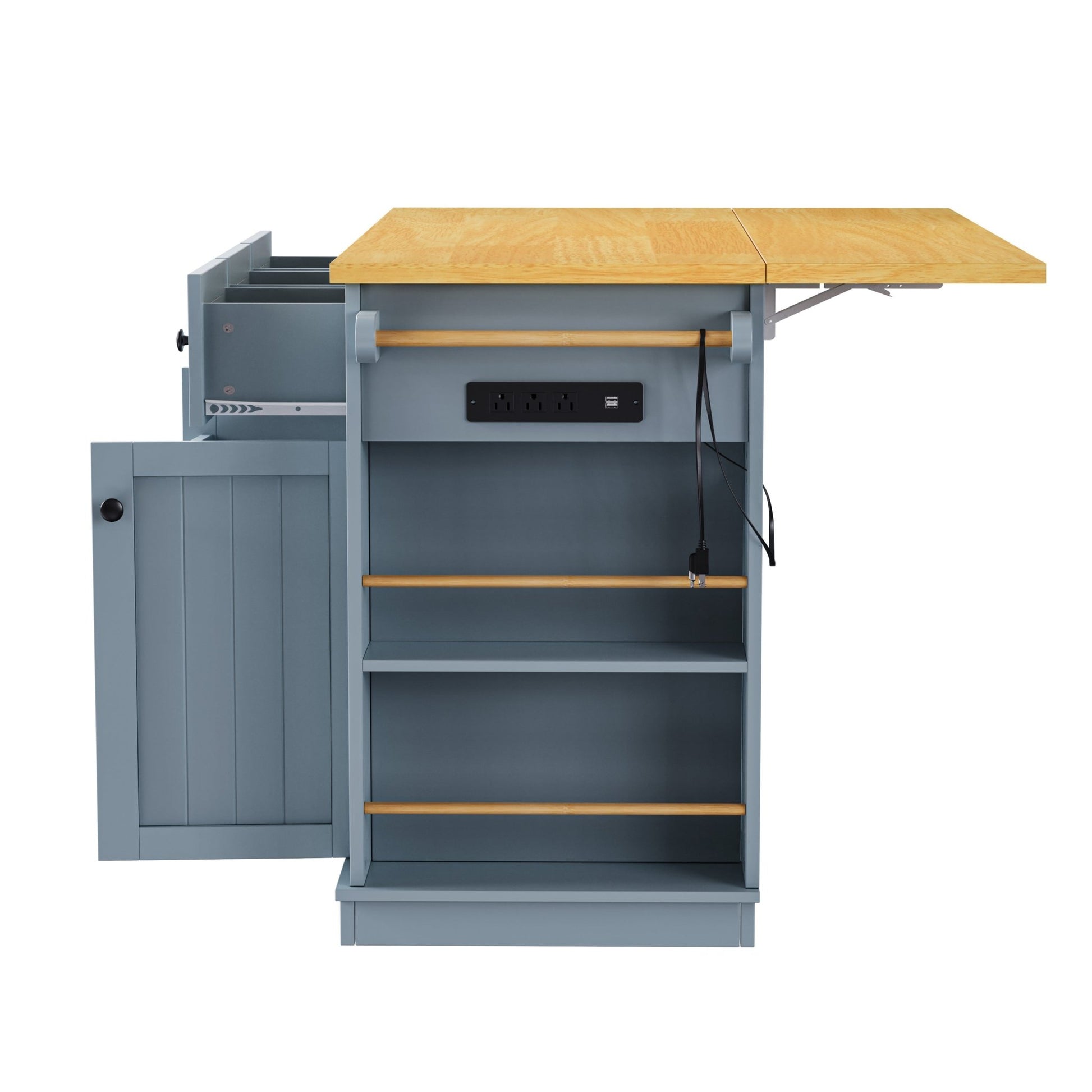K&K 53inch Large Kitchen Island with 2 Bar Stools,Power Outlet,Door Internal Storage Rack,Kitchen Storage Cart on 5 Wheels with Drop Leaf,5 Open Side Racks,3 Drawers,Grey Blue (Three Packages) - 1st Choice Furniture Direct