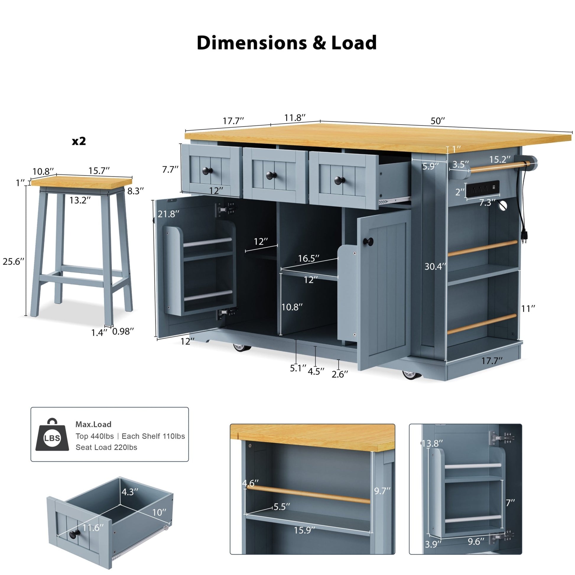 K&K 53inch Large Kitchen Island with 2 Bar Stools,Power Outlet,Door Internal Storage Rack,Kitchen Storage Cart on 5 Wheels with Drop Leaf,5 Open Side Racks,3 Drawers,Grey Blue (Three Packages) - 1st Choice Furniture Direct