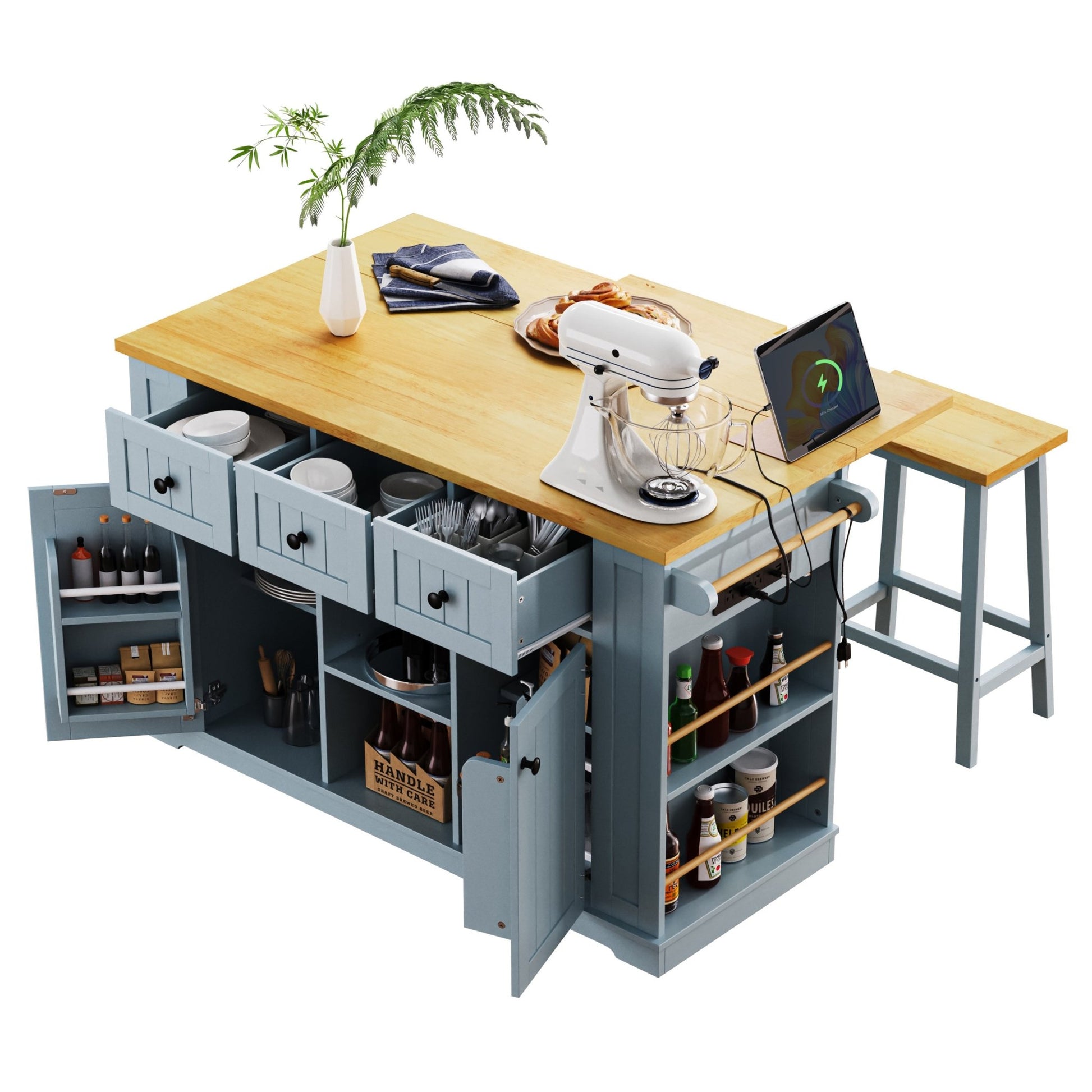 K&K 53inch Large Kitchen Island with 2 Bar Stools,Power Outlet,Door Internal Storage Rack,Kitchen Storage Cart on 5 Wheels with Drop Leaf,5 Open Side Racks,3 Drawers,Grey Blue (Three Packages) - 1st Choice Furniture Direct
