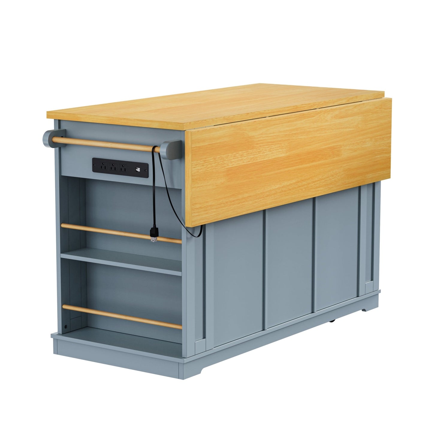 K&K 53inch Large Kitchen Island with 2 Bar Stools,Power Outlet,Door Internal Storage Rack,Kitchen Storage Cart on 5 Wheels with Drop Leaf,5 Open Side Racks,3 Drawers,Grey Blue (Three Packages) - 1st Choice Furniture Direct