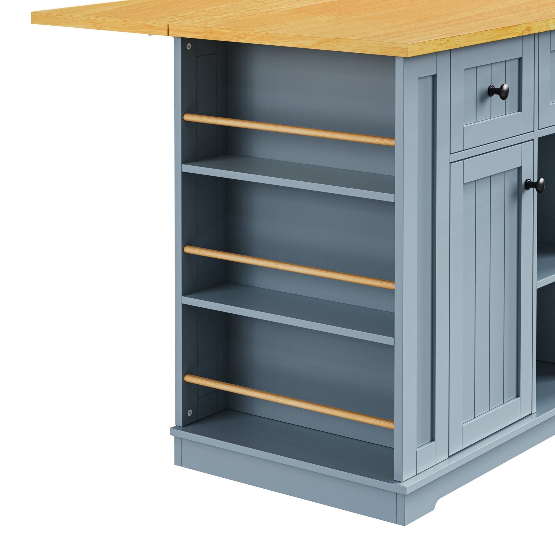 K&K 53inch Large Kitchen Island with 2 Bar Stools,Power Outlet,Door Internal Storage Rack,Kitchen Storage Cart on 5 Wheels with Drop Leaf,5 Open Side Racks,3 Drawers,Grey Blue (Three Packages) - 1st Choice Furniture Direct