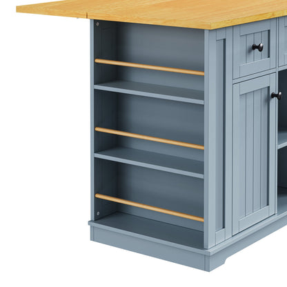 K&K 53inch Large Kitchen Island with 2 Bar Stools,Power Outlet,Door Internal Storage Rack,Kitchen Storage Cart on 5 Wheels with Drop Leaf,5 Open Side Racks,3 Drawers,Grey Blue (Three Packages) - 1st Choice Furniture Direct