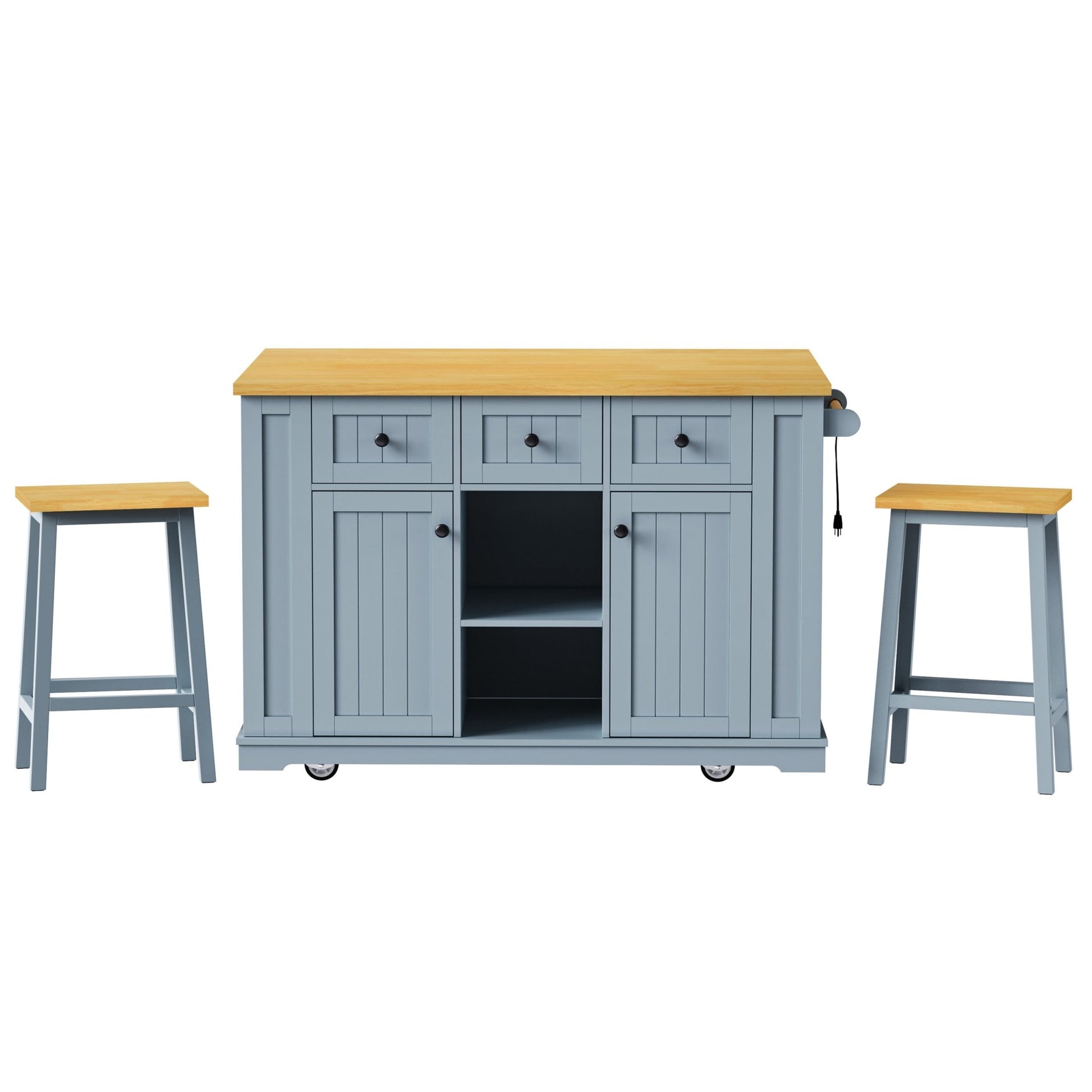 K&K 53inch Large Kitchen Island with 2 Bar Stools,Power Outlet,Door Internal Storage Rack,Kitchen Storage Cart on 5 Wheels with Drop Leaf,5 Open Side Racks,3 Drawers,Grey Blue (Three Packages) - 1st Choice Furniture Direct