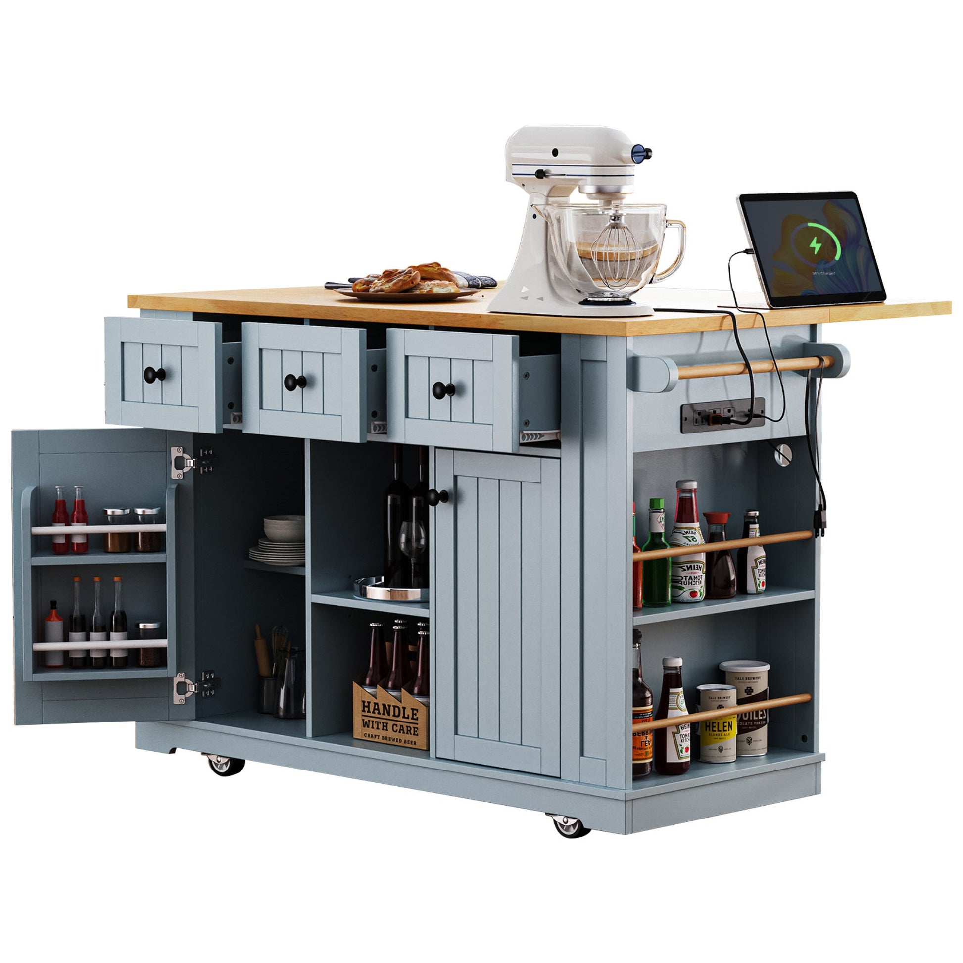 K&K 53inch Large Kitchen Island with 2 Bar Stools,Power Outlet,Door Internal Storage Rack,Kitchen Storage Cart on 5 Wheels with Drop Leaf,5 Open Side Racks,3 Drawers,Grey Blue (Three Packages) - 1st Choice Furniture Direct