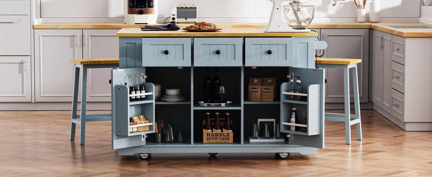 K&K 53inch Large Kitchen Island with 2 Bar Stools,Power Outlet,Door Internal Storage Rack,Kitchen Storage Cart on 5 Wheels with Drop Leaf,5 Open Side Racks,3 Drawers,Grey Blue (Three Packages) - 1st Choice Furniture Direct