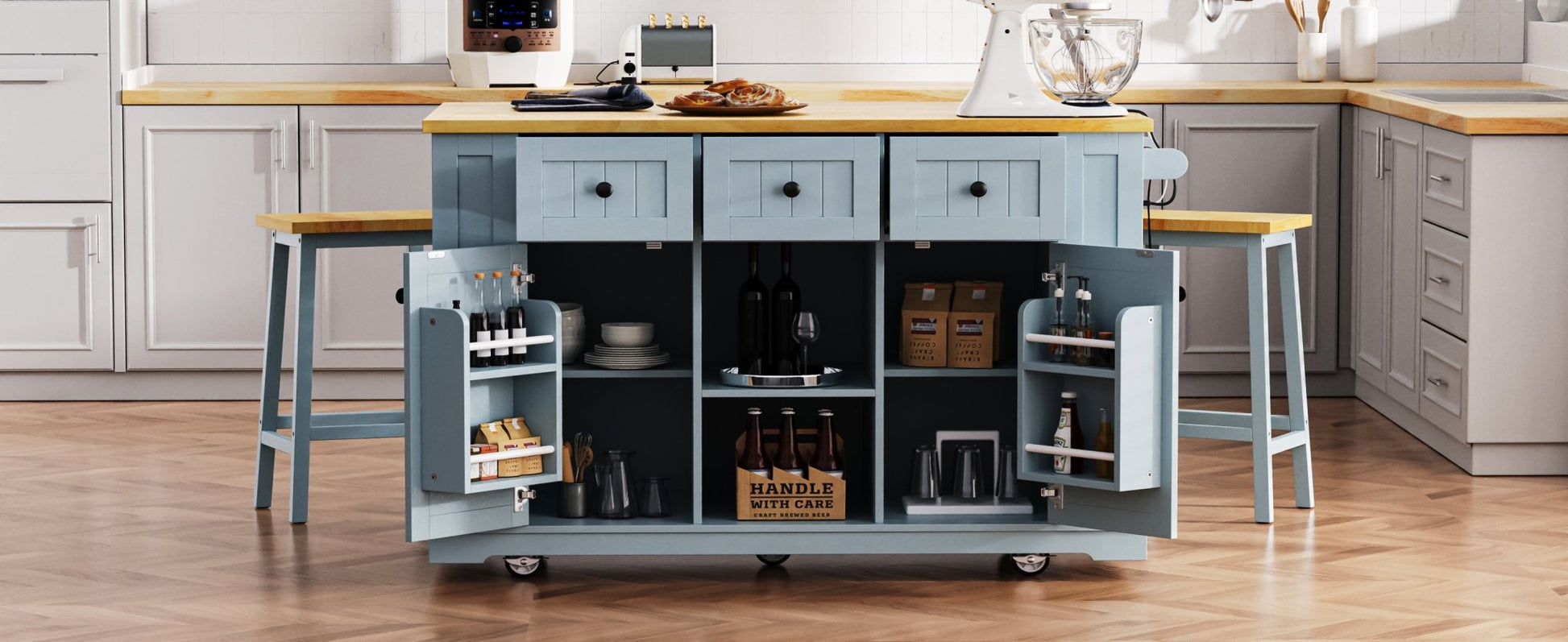 K&K 53inch Large Kitchen Island with 2 Bar Stools,Power Outlet,Door Internal Storage Rack,Kitchen Storage Cart on 5 Wheels with Drop Leaf,5 Open Side Racks,3 Drawers,Grey Blue (Three Packages) - 1st Choice Furniture Direct