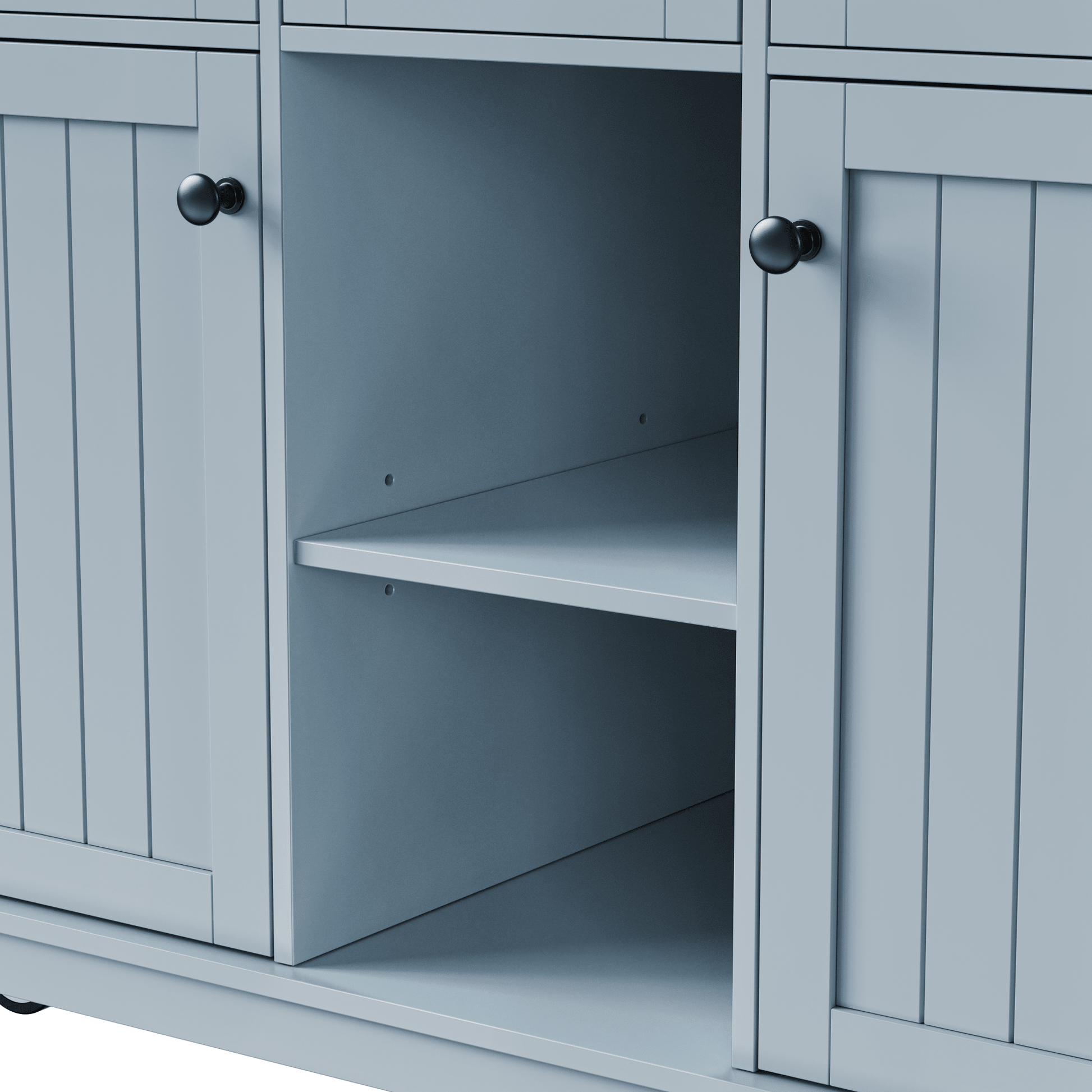 K&K 53inch Large Kitchen Island with 2 Bar Stools,Power Outlet,Door Internal Storage Rack,Kitchen Storage Cart on 5 Wheels with Drop Leaf,5 Open Side Racks,3 Drawers,Grey Blue (Three Packages) - 1st Choice Furniture Direct