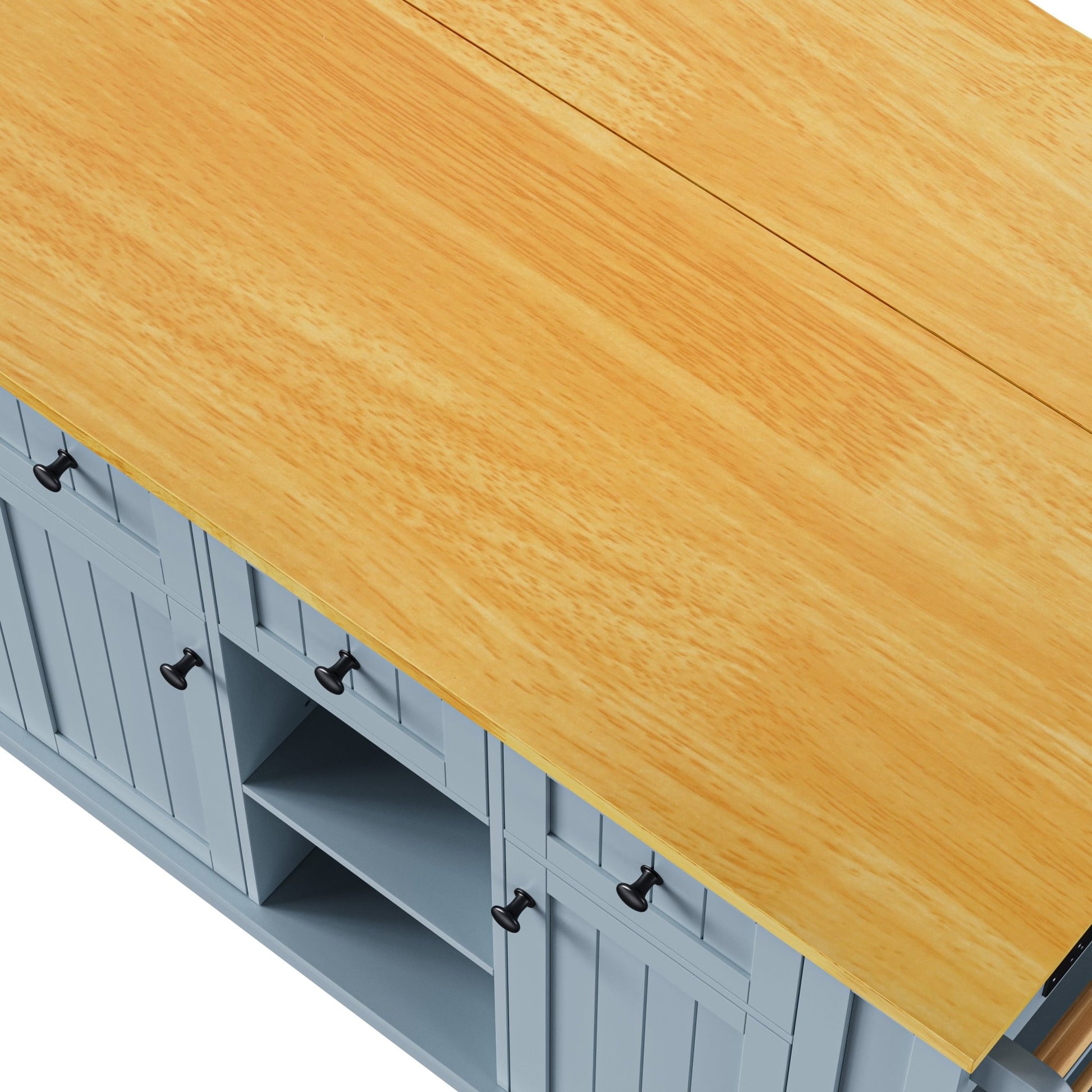 K&K 53inch Large Kitchen Island with 2 Bar Stools,Power Outlet,Door Internal Storage Rack,Kitchen Storage Cart on 5 Wheels with Drop Leaf,5 Open Side Racks,3 Drawers,Grey Blue (Three Packages) - 1st Choice Furniture Direct