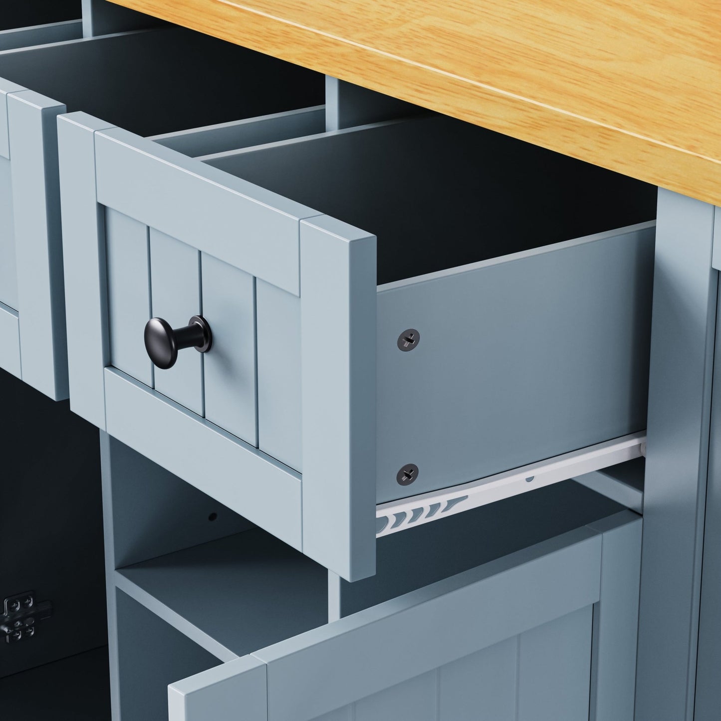 K&K 53inch Large Kitchen Island with 2 Bar Stools,Power Outlet,Door Internal Storage Rack,Kitchen Storage Cart on 5 Wheels with Drop Leaf,5 Open Side Racks,3 Drawers,Grey Blue (Three Packages) - 1st Choice Furniture Direct