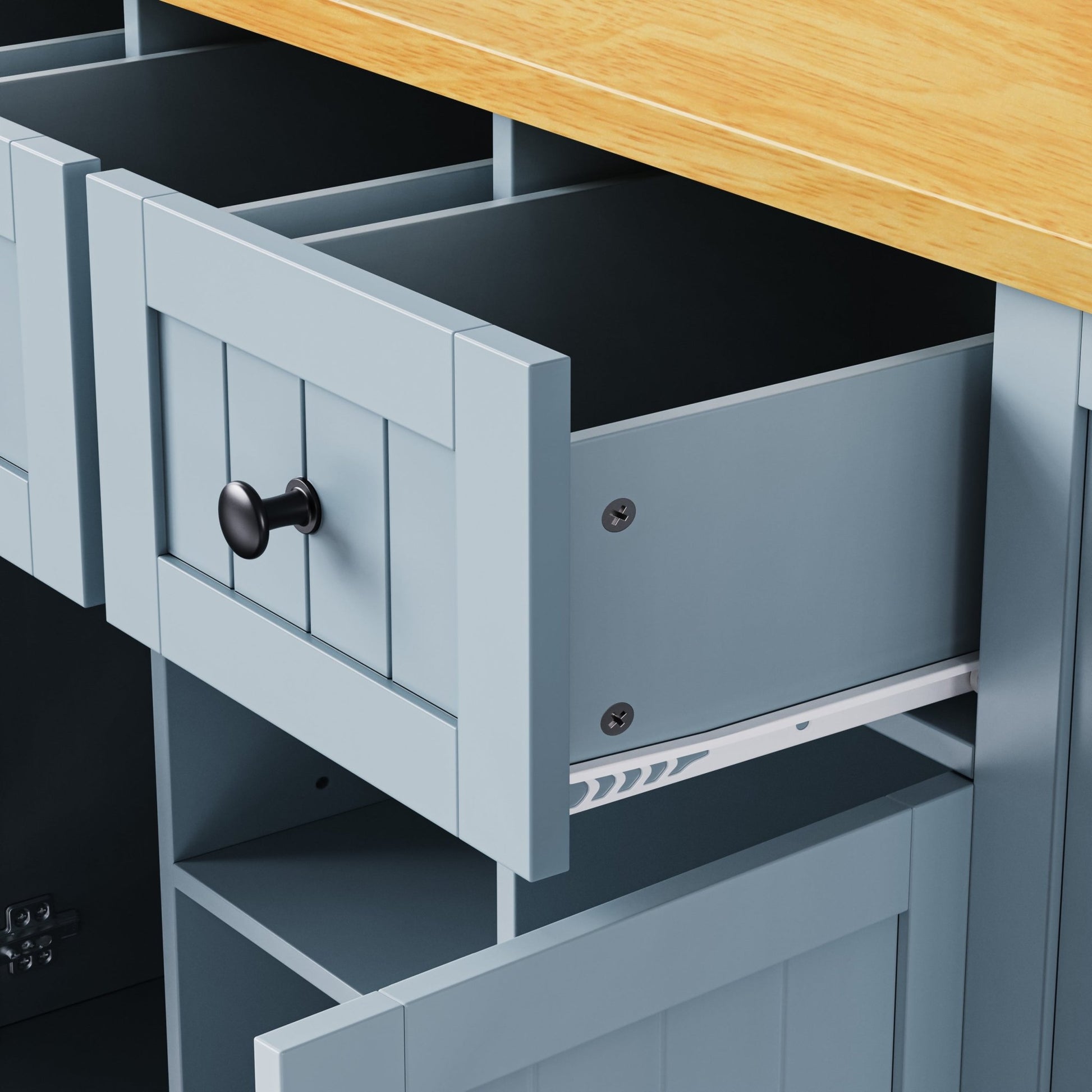 K&K 53inch Large Kitchen Island with 2 Bar Stools,Power Outlet,Door Internal Storage Rack,Kitchen Storage Cart on 5 Wheels with Drop Leaf,5 Open Side Racks,3 Drawers,Grey Blue (Three Packages) - 1st Choice Furniture Direct