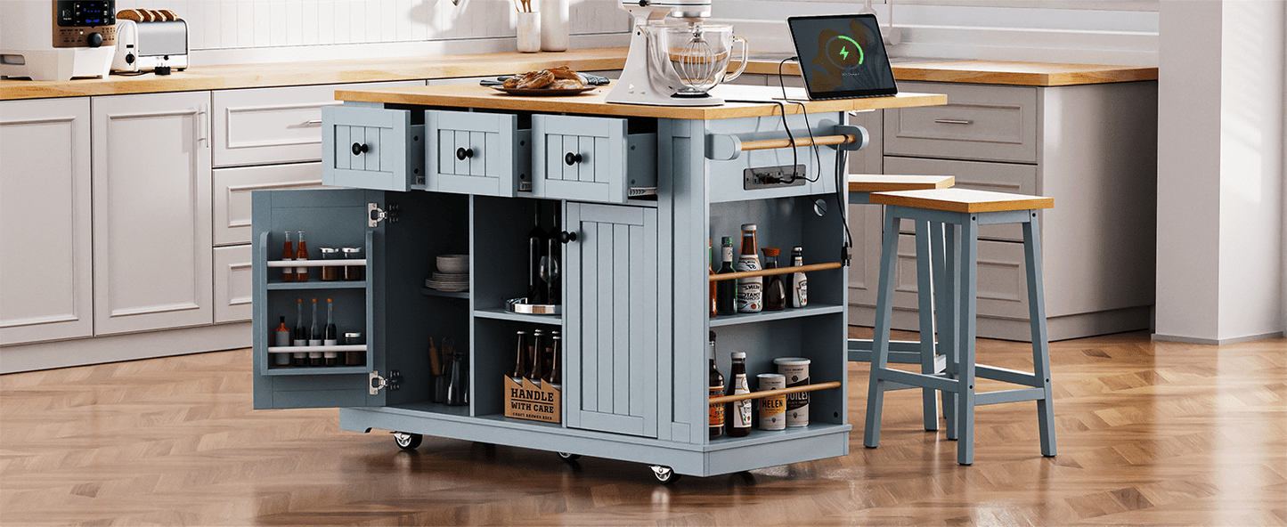 K&K 53inch Large Kitchen Island with 2 Bar Stools,Power Outlet,Door Internal Storage Rack,Kitchen Storage Cart on 5 Wheels with Drop Leaf,5 Open Side Racks,3 Drawers,Grey Blue (Three Packages) - 1st Choice Furniture Direct