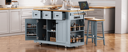 K&K 53inch Large Kitchen Island with 2 Bar Stools,Power Outlet,Door Internal Storage Rack,Kitchen Storage Cart on 5 Wheels with Drop Leaf,5 Open Side Racks,3 Drawers,Grey Blue (Three Packages) - 1st Choice Furniture Direct
